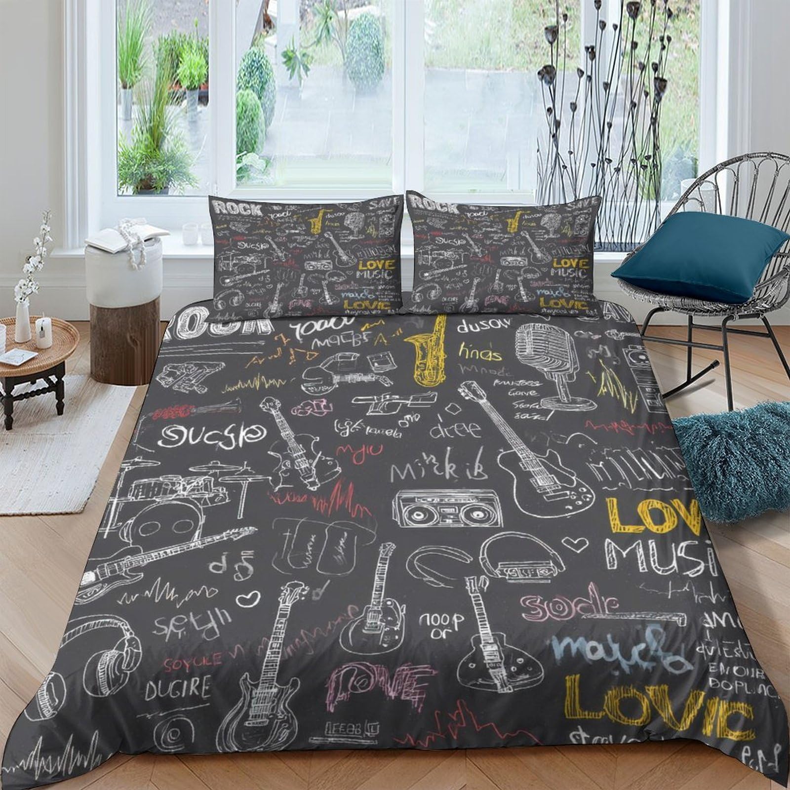GPLZQXKJNH 3D Printed Graffiti Guitar Duvet Cover Set Microfiber Soft Breathable Music Theme Bedding Set with 2 Pillowcases for Bedroom Decor Single（135x200cm）