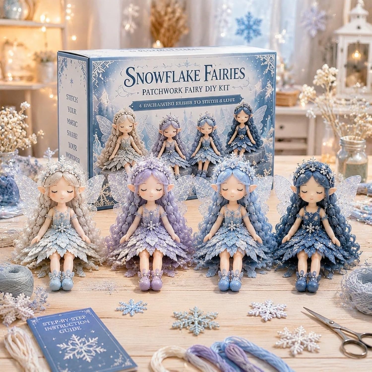 DIY Patchwork Flower Fairies Kit, 4PCS Handmade Sewing Craft Kit for Creating Cute Patchwork Flower Fairies Decor, Beginner Friendly DIY Craft Set for Adults Teens (Blue)