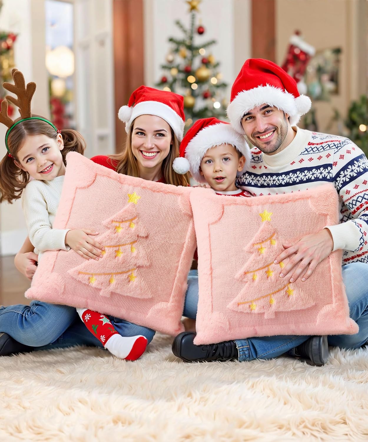 Christmas Pillow Covers Set of 2 Soft Plush Faux Fur Pillow Cases 3D Embroidered Decorative Couch Cover Home Decor Christmas Throw Pillow Covers 18x18,Pink Christmas Tree - Image 8