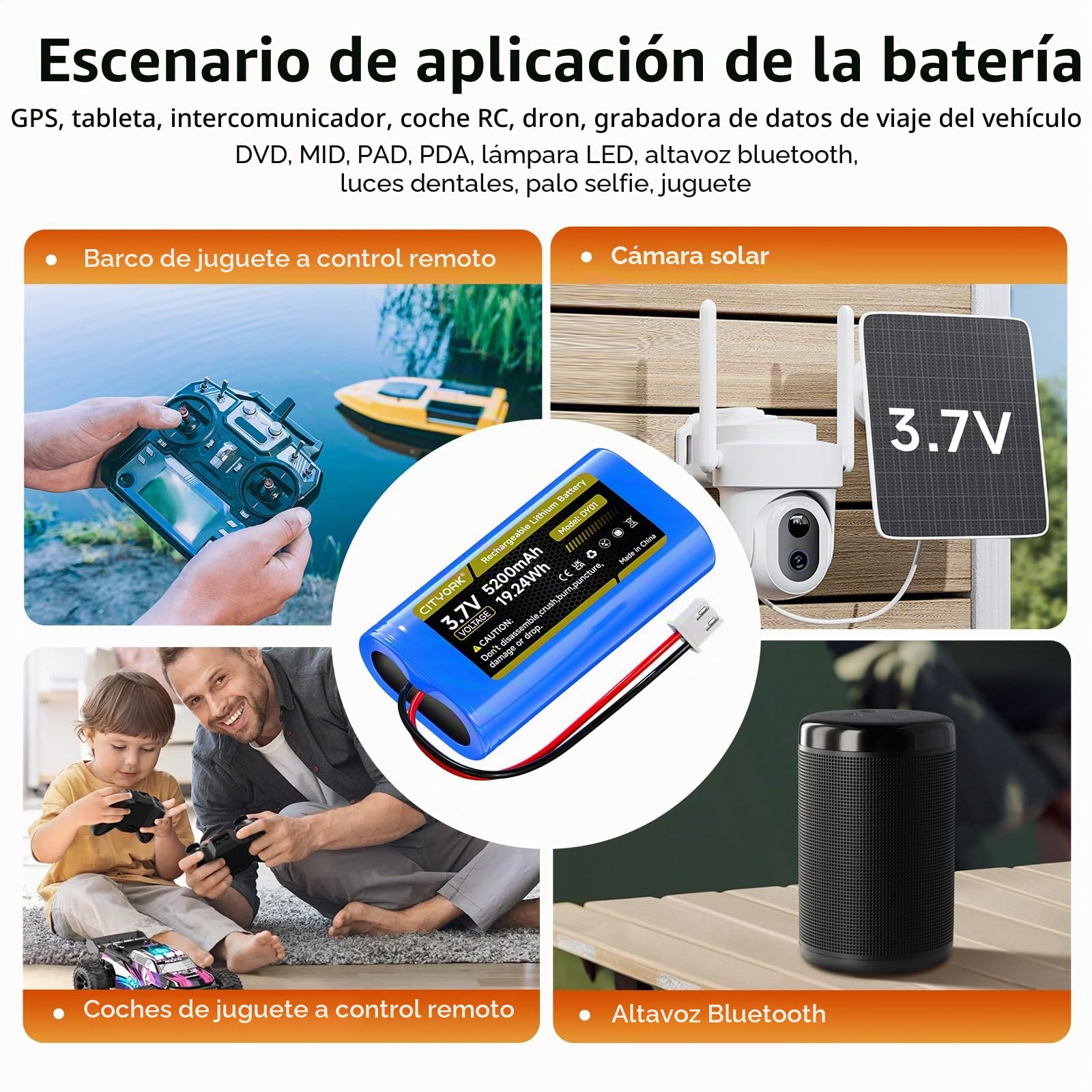 CITYORK (2-Pack) 3,7 V/5200 mAh XH2,54/2P Recargable Batería, para 3.7V Solar inalámbricas cámaras de vigilancia, Juguetes RC, Bluetooth, Amplificadores, Radio, iluminación, circuitos inalámbricos