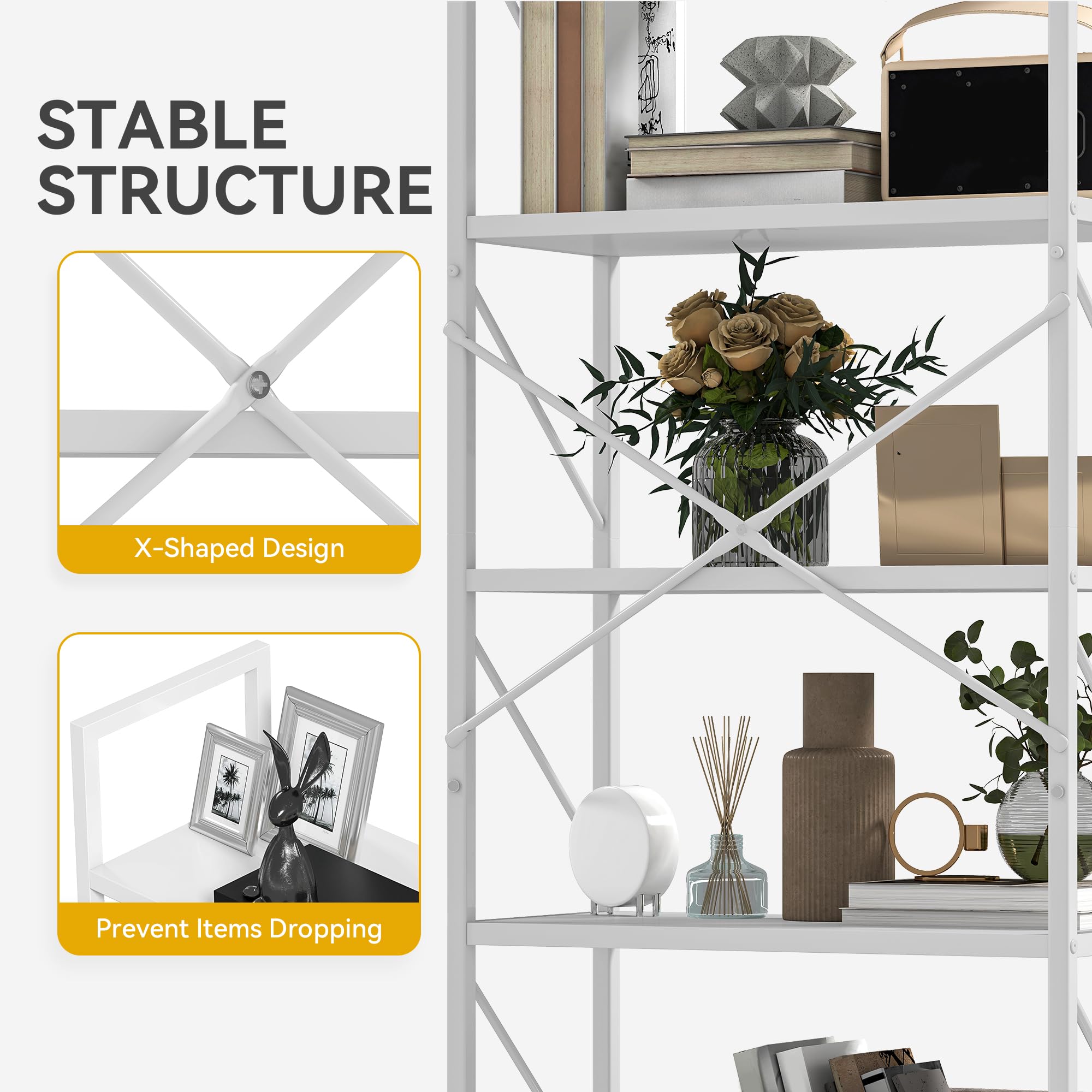 DWVO Scaffale per libri a 5 ripiani, in legno e metallo, libreria industriale, scaffale alto per soggiorno, cucina, camera da letto, scaffale per libri bianco puro