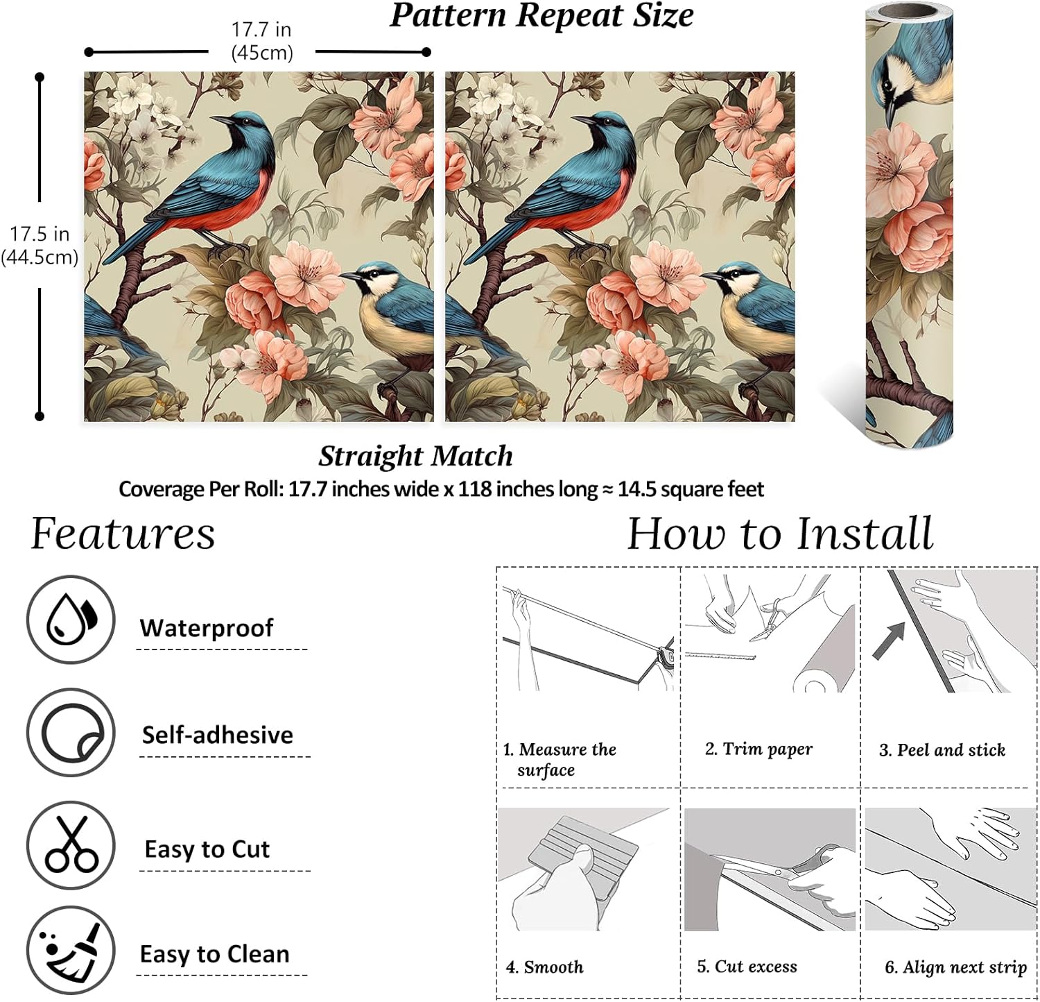 VEELIKE Vintage Floral Wallpaper Peel and Stick Retro Bird Wallpaper 17.7''x354'' Prepasted Removable Chinoiserie Wallpaper for Bedroom Bathroom Self Adhesive Floral Contact Paper for Wall Cabinets
