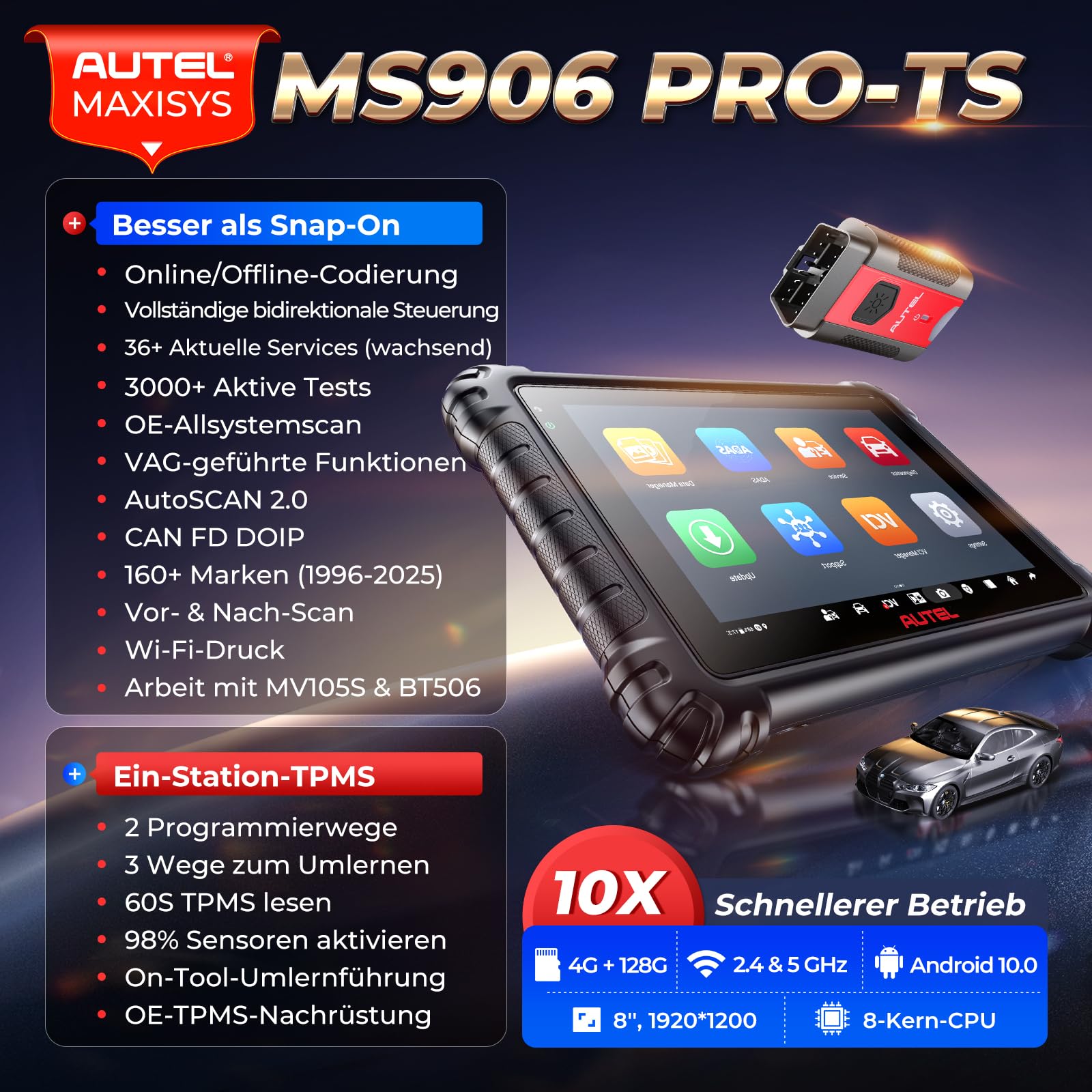 Autel MaxiSYS MS906 Pro-TS Diagnosegerät Auto, 2026 RDKS Programmiergerät Up von MK900-TS MP900TS MP808BT MK906 PRO MP900BT, Vollständige TPMS &ECU-Codierung, 3K+ Aktive Tests, CANFD&DoIP Auto Scan2.0