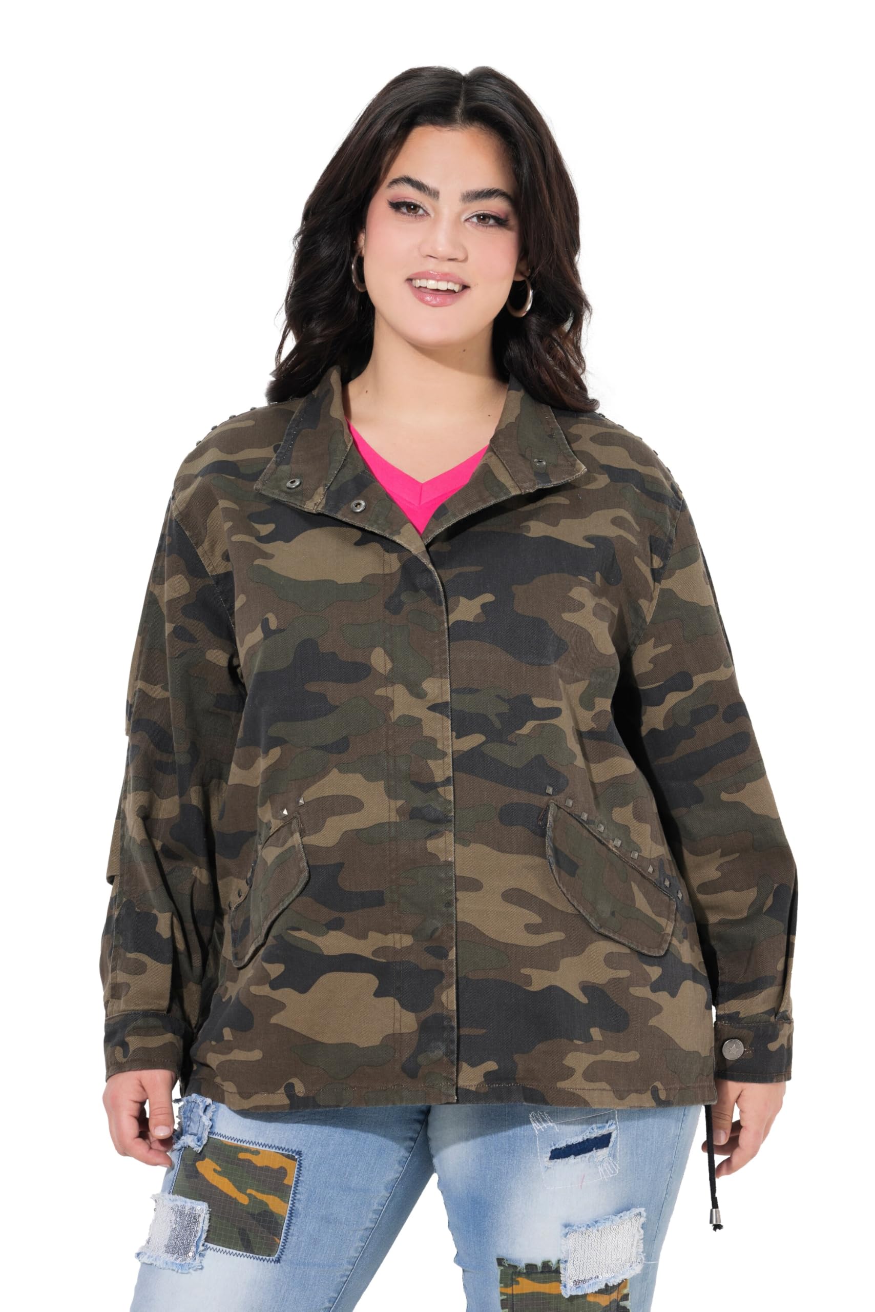 Angel of Style Damen große Größen Übergrößen Plus Size Jacke, Boxy Fit, Camouflage, Bindeband am Saum 840665