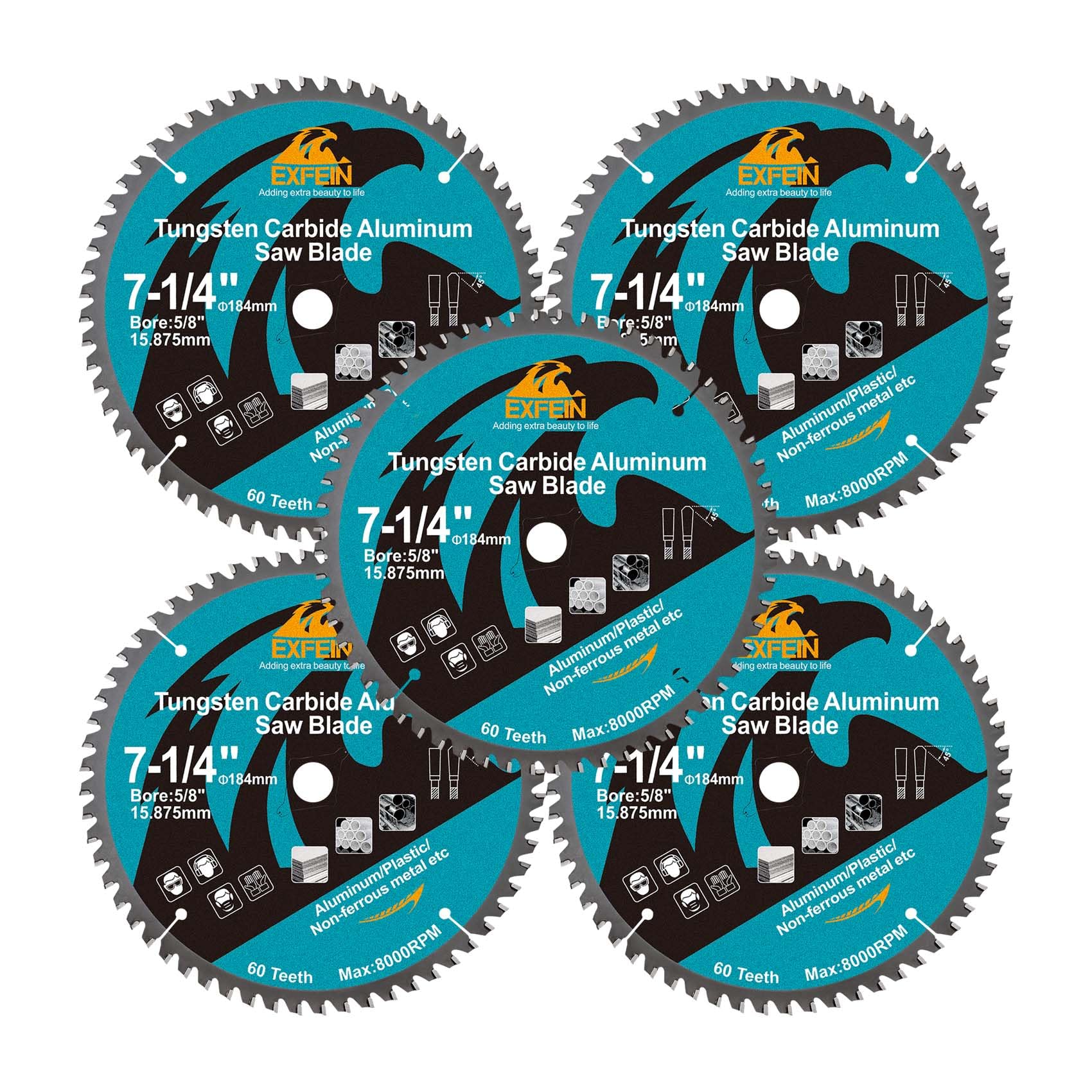 EXFEIN 184mm Aluminum and Non-Ferrous Metal Cutting Disc with Bore 15.875mm, 60 TCG Teeth Fast Cutting for Metal & Plastic Pack of 5