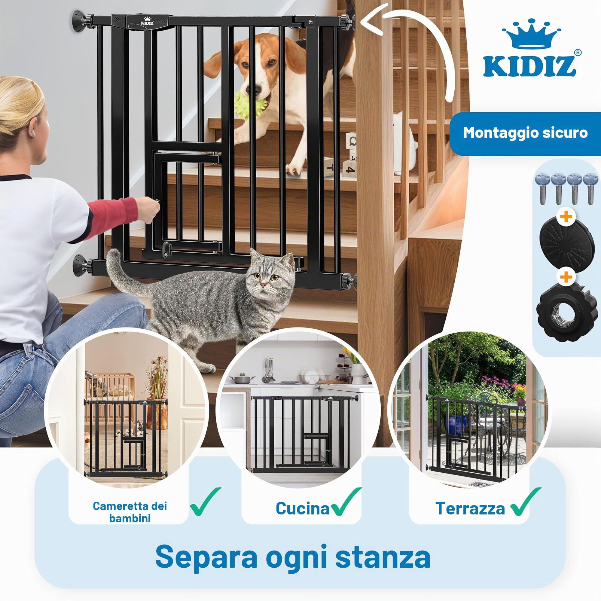 KIDIZ Autoclose - Griglia di protezione per scale, con morsetto, senza foratura, protezione di arresto a 90°, orientabile, nera, larghezza: 102-108 cm