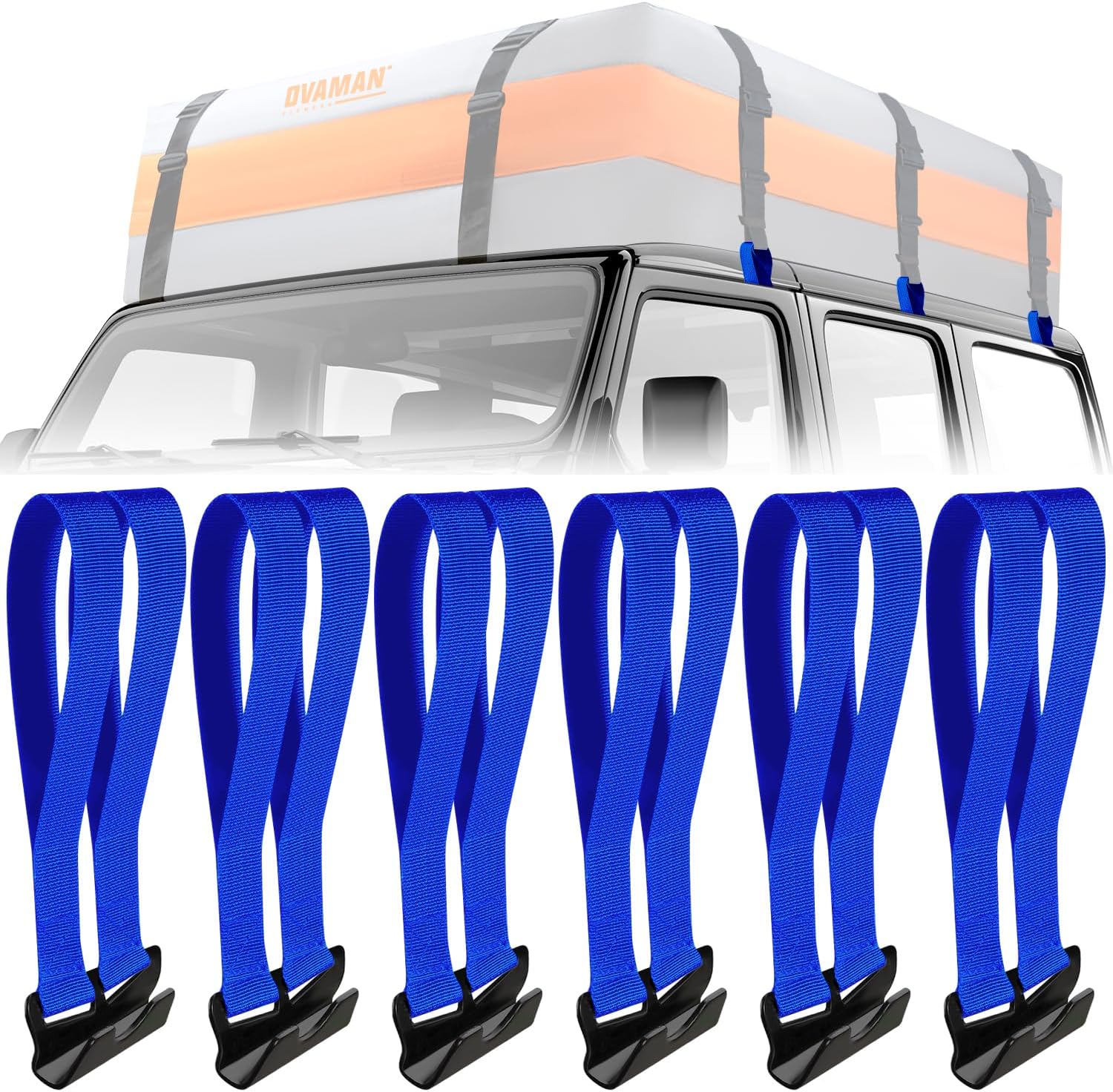 6 Rooftop Cargo Tie Down Hook Straps-Secure Any Car Roof Bag, Roof Rack Cargo Carrier,or Car Top Carrier,Durable and Solid, No Roof Rack Required, Compatible with Most Cars - Registered Patent (Blue)