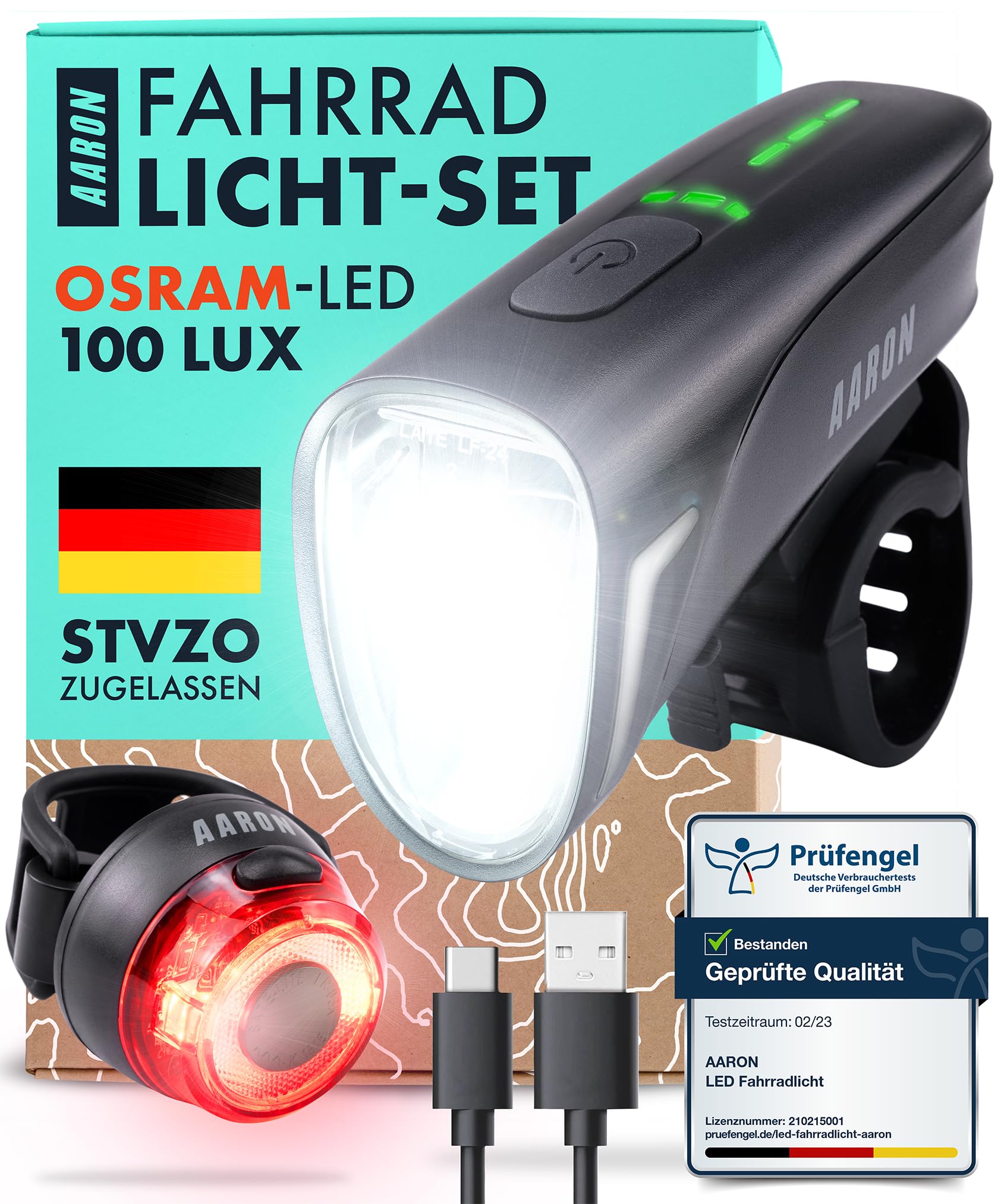 AARON Fahrradlicht Set 100 LUX / 50 LUX für Stadtpendler & E-Bike-Fahrer, StVZO zugelassen, USB aufladbar, Fahrrad Licht Set regenfest - Fahrradbeleuchtung - Beleuchtung Fahrrad für vorne + hinten