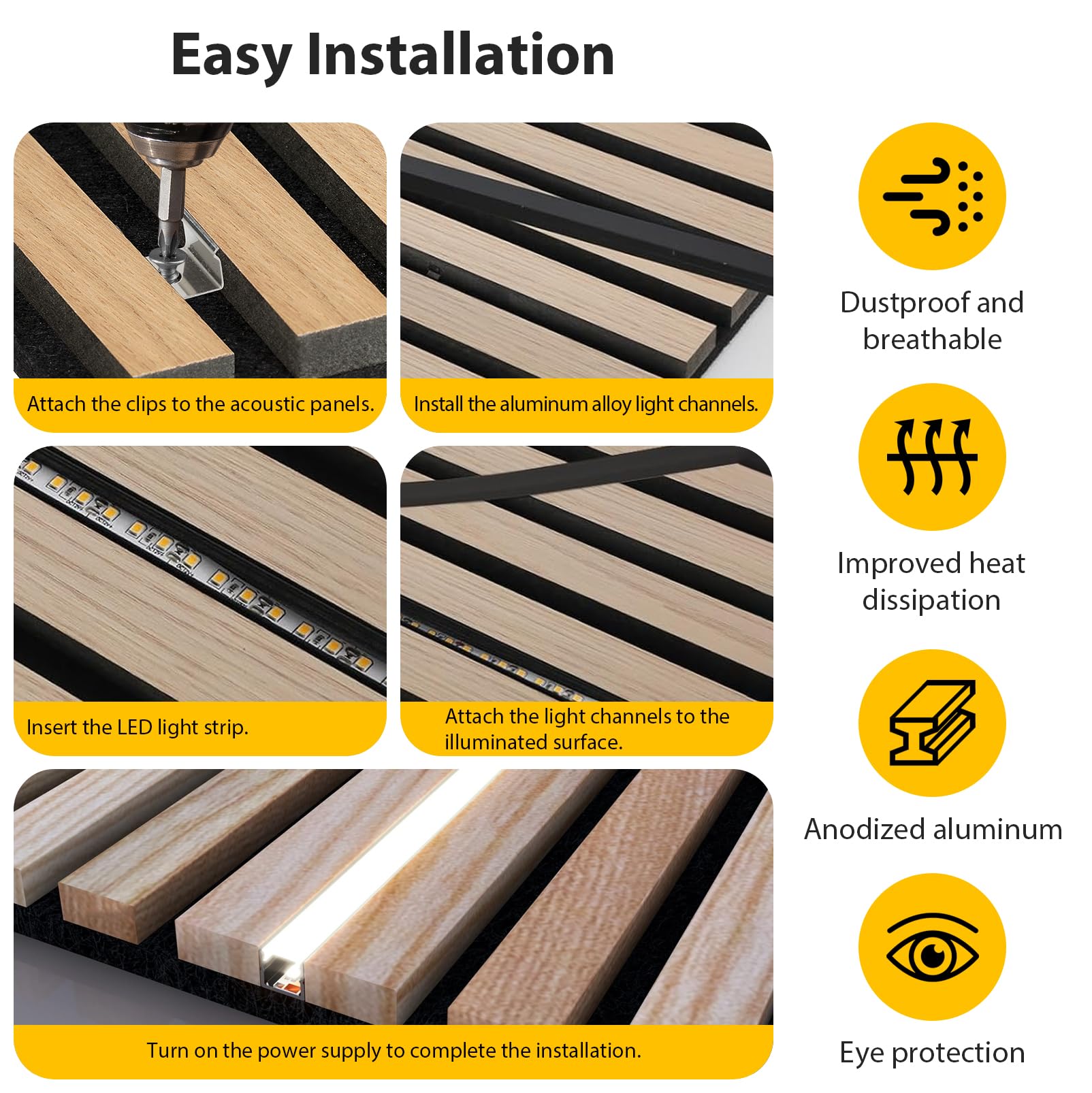 Perfil LED de 1 m, color negro, juego de 6 unidades, perfil de aluminio LED, 12 × 10 mm, para paneles acústicos con clips de montaje, tiras negras, LE-D Pro-fil ST10, aluminio, negro para tiras (no