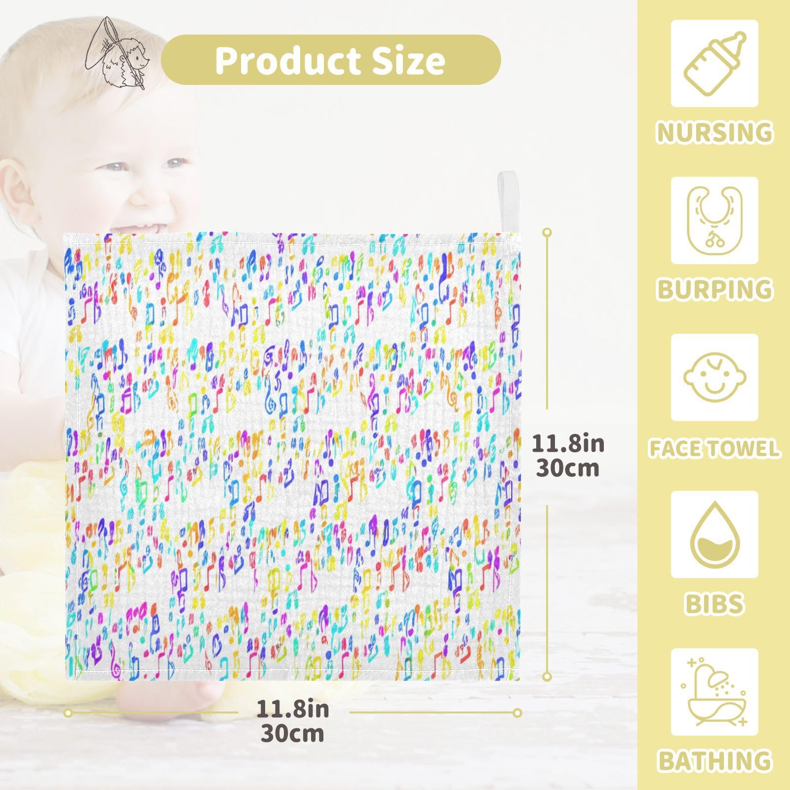 Kigai Color Music Symbols Baby Washcloths,5pcs Ultra Soft Absorbent Towel,Newborn Bath Face Towel, Natural Reusable Baby Wipes for Sensitive Skin, Baby Registry as Shower