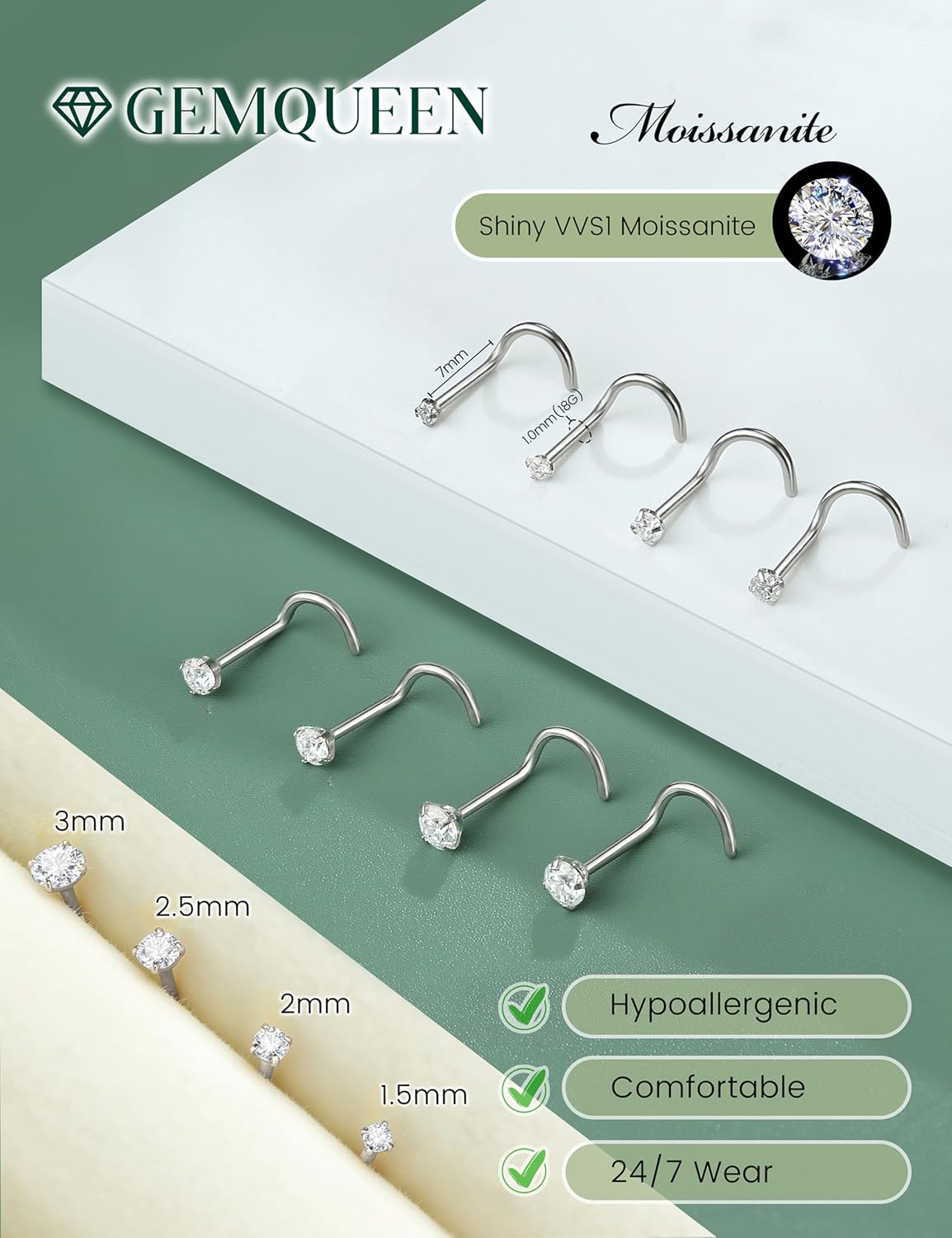 GEMQUEEN 8Pcs Moissanite Nose Studs Set : 18K Gold Plated Stainless Steel Nose Rings Hypoallergenic 18G 20G Small S Shaped Moissanite Nostril Piercing Jewelry for Women Men Trendy 1.5/2/2.5/3mm
