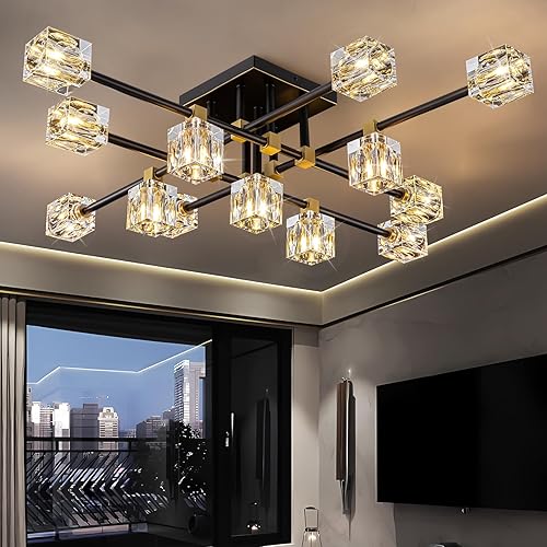 Miniatura 12 de Candelabro de Cristal Negro, Lámparas de Araña Sputnik con 12 Luces, Lámpara de Techo Moderna Ajustable en Altura Semiempotrada para Comedor, Isla