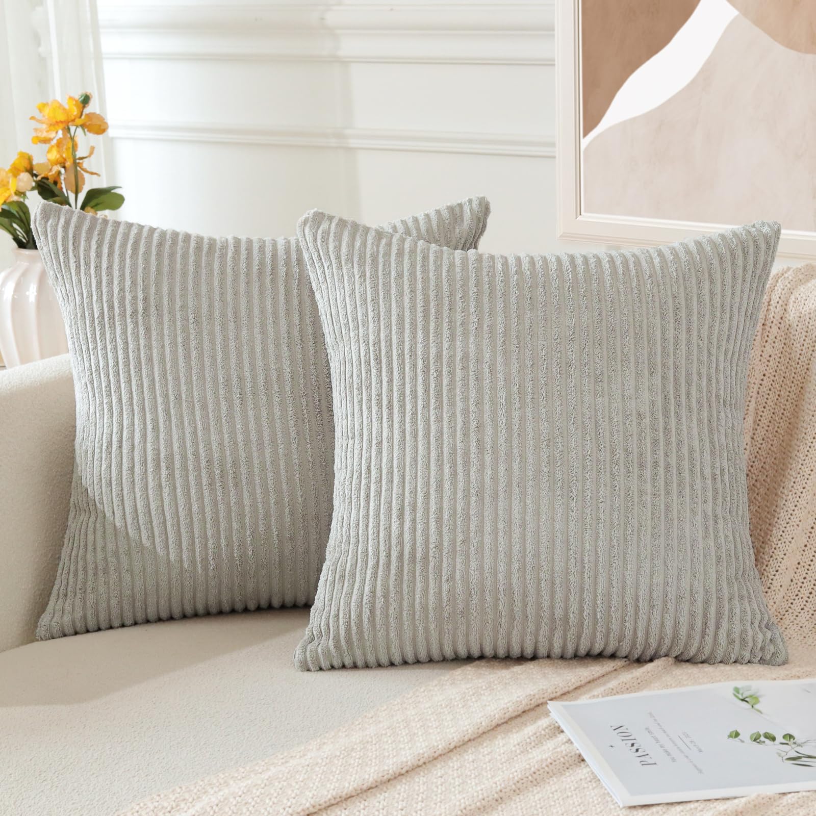 JOTOM Set van 2 corduroy kussenslopen 40 x 40 cm, zachte, gestreepte, effen, decoratieve kussenhoezen, vierkante kussenhoezen voor bank, slaapkamer, woonkamer, bed, huis, boho-stijldecor, 16 x 16 inch