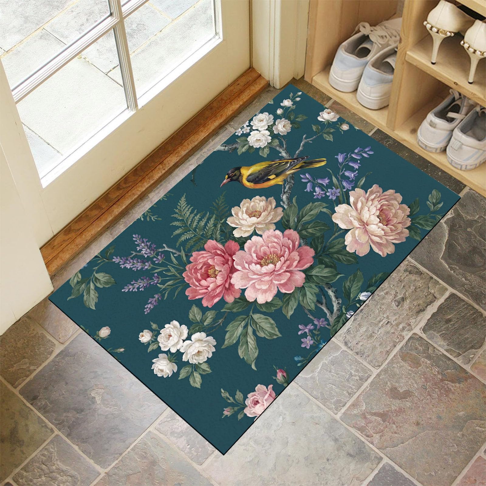 Felpudo Ultrafino para Interiores, 80X120Cm, Flores Rurales Pájaros Alfombra Antideslizante Lavable para Entrada, Peonía Retro Planta Felpudo De Perfil Bajo, Atrapa Suciedad, Cian Oscuro