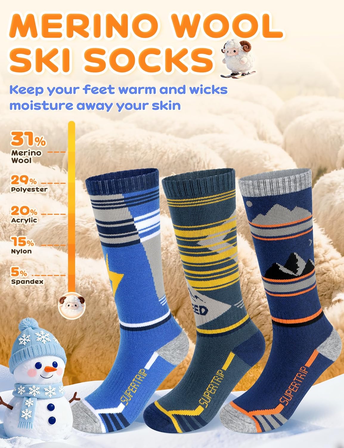 Supertrip Kids Merino Wool Ski Socks 3 Pairs Boys Girls Youth Thermal Winter Warm Thick Socks for Skiing Snowboarding - Image 2