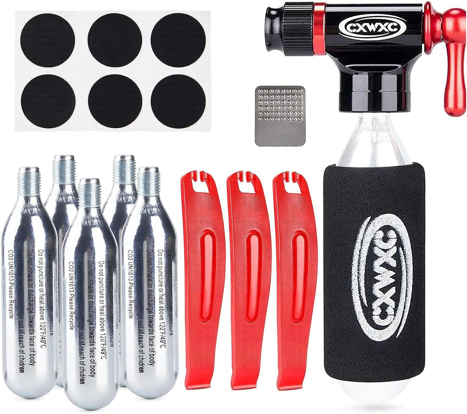 CO2 Inflator Kit with 5 X 16g CO2 Threaded Cartridges- Presta & Schrader Valve Compatible -Portable CO2 Bike Tire Pump Come with Glueles Repair Kit for Road & Mountain Bike