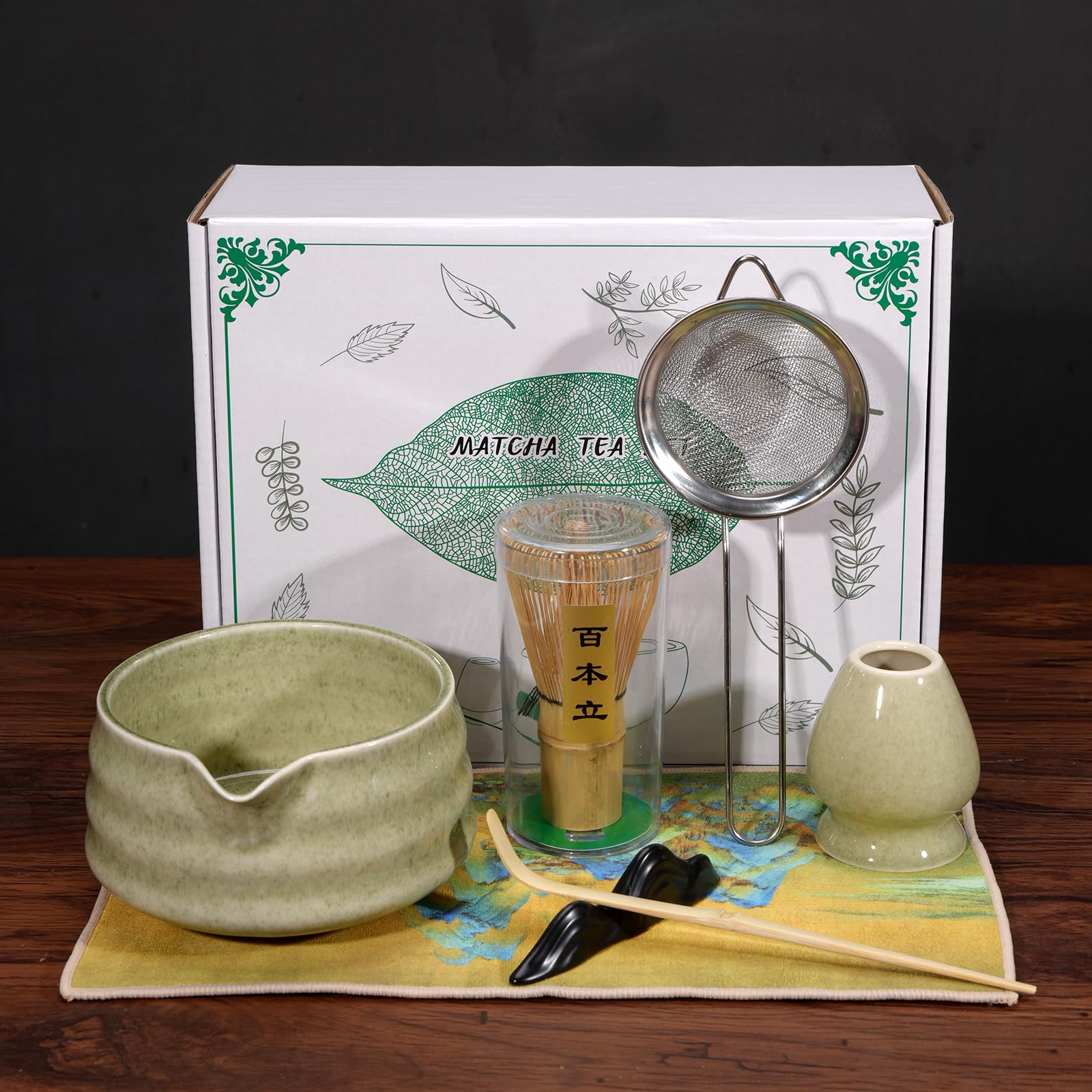 7 Pcs Matcha Whisk Set, Matcha Bowl with Spout, Matcha Whisk and Holder, Bamboo Scoop with Holder, Stainless Sifter and Tea Towel, Japanese Matcha Ceremony Set for Authentic Tea Powder & Home Rituals