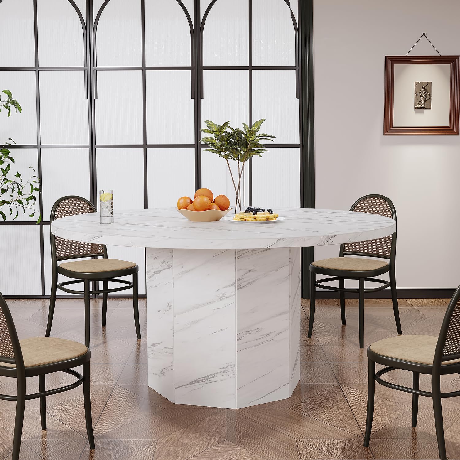 HSH Runder Esstisch Weiß Küchentisch für 4 bis 6 Personen Esszimmertisch Holz mit Marmor Optik Modern Design Tisch mit Achteckiger Basis für Esszimmer Weiß 120 cm