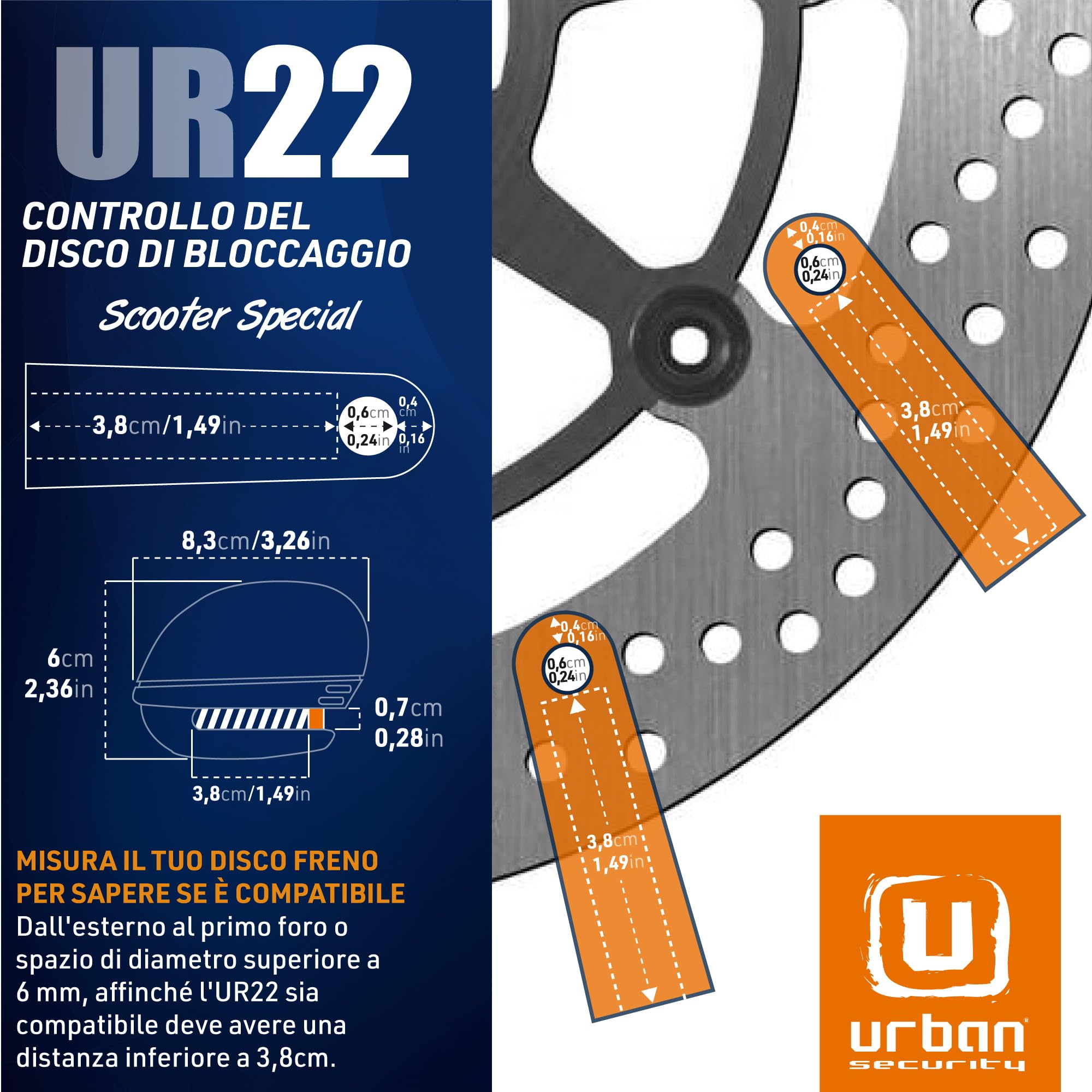 URBAN UR22 Bloccadisco Moto Allarme 120dB Pulsante ON, Warning Sonoro + LED, Batteria Litio, Impermeabile, Supporto Opzionale, Serratura Sicurezza Click ø6mm, Lucchetto Antifurto Blocca Disco per Moto