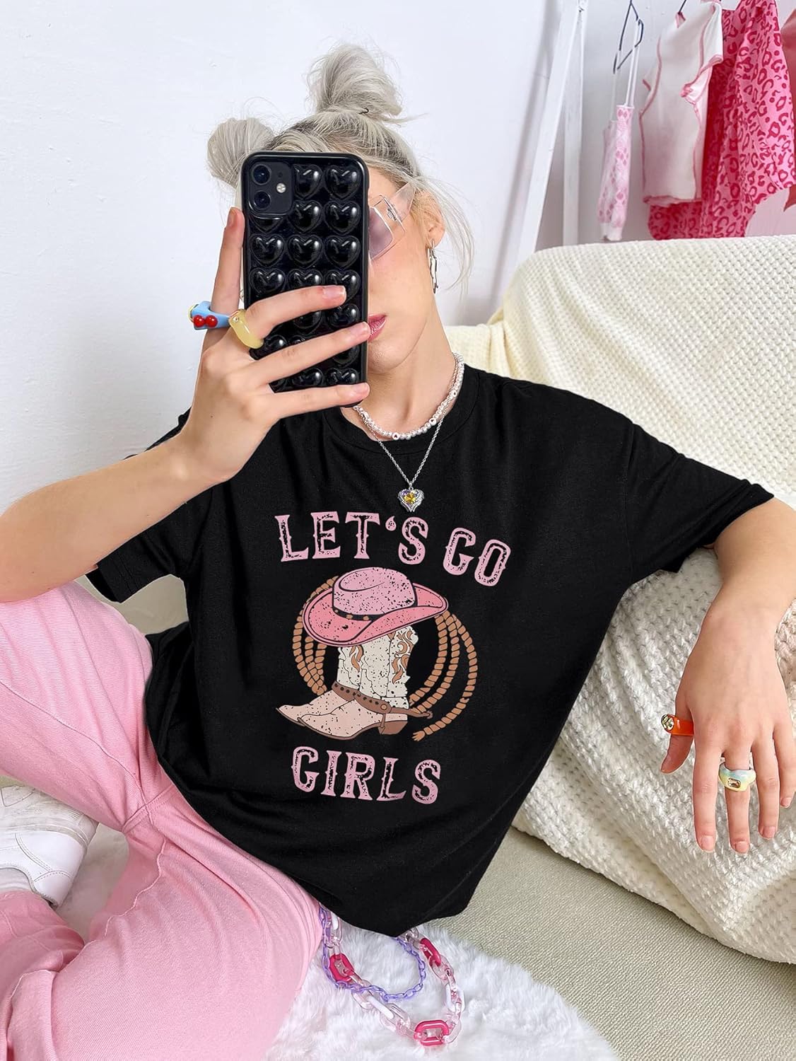 Western Cowgirl Shirts Let's Go Girl Shirt Cowboy Hat Boots Short Sleeve Tops - Image 2