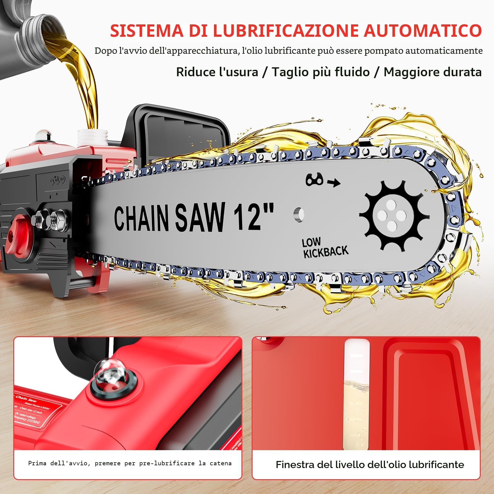 Brushless Mini Motosega a Batteria per Potatura 12 Pollici,1300W Motosega Elettrica 2 * 3000 mAh Batteria, con Lubrificazione Automatica,Sega Elettrica per Potatura per Tagliare Legna, Potare Rami