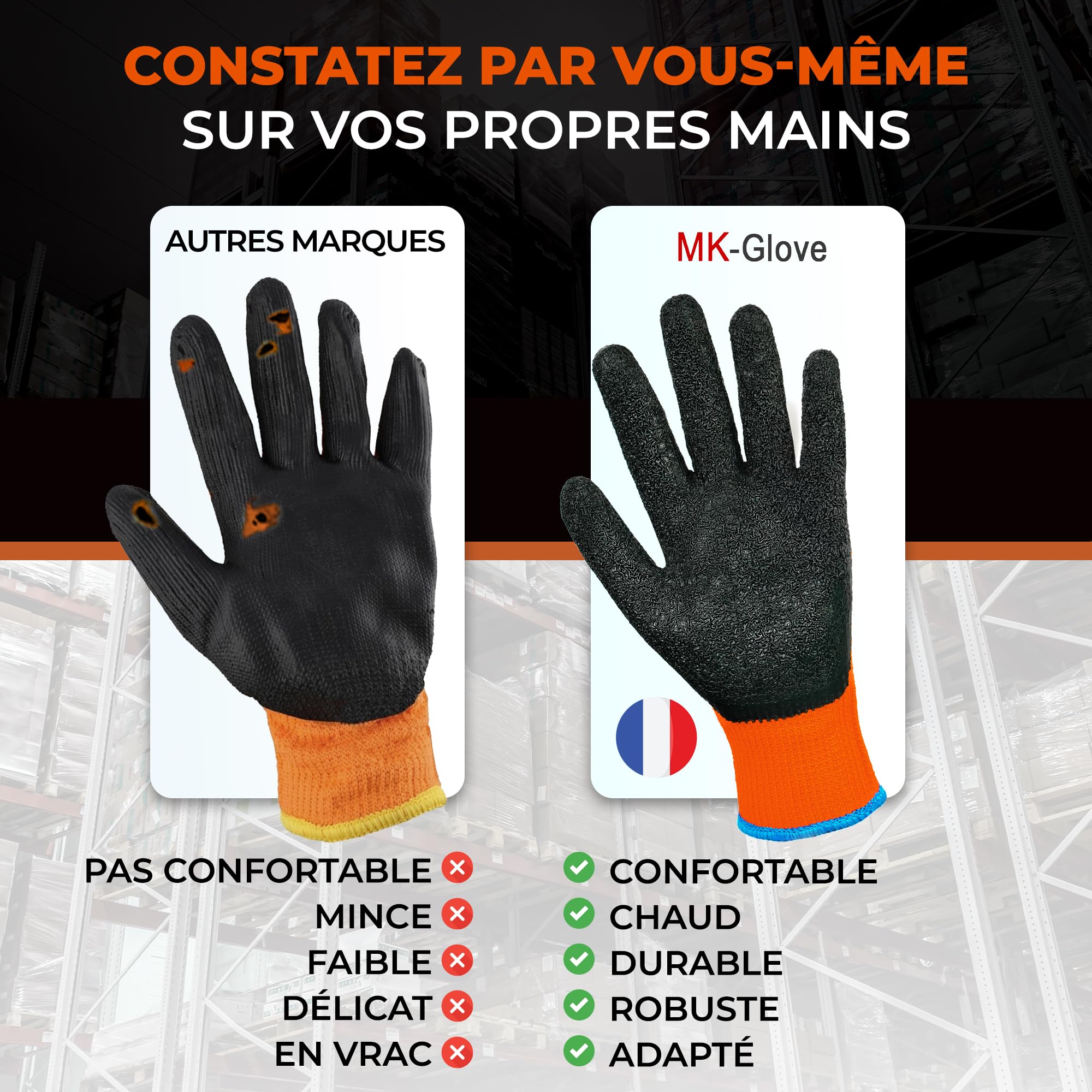 Gant Hiver Homme (48 Paires) Thermique Taille 10-XL | Gant Thermique Anti Froid avec Latex, Gants de Travail, Gants Hiver Homme Travail Anti Coupure