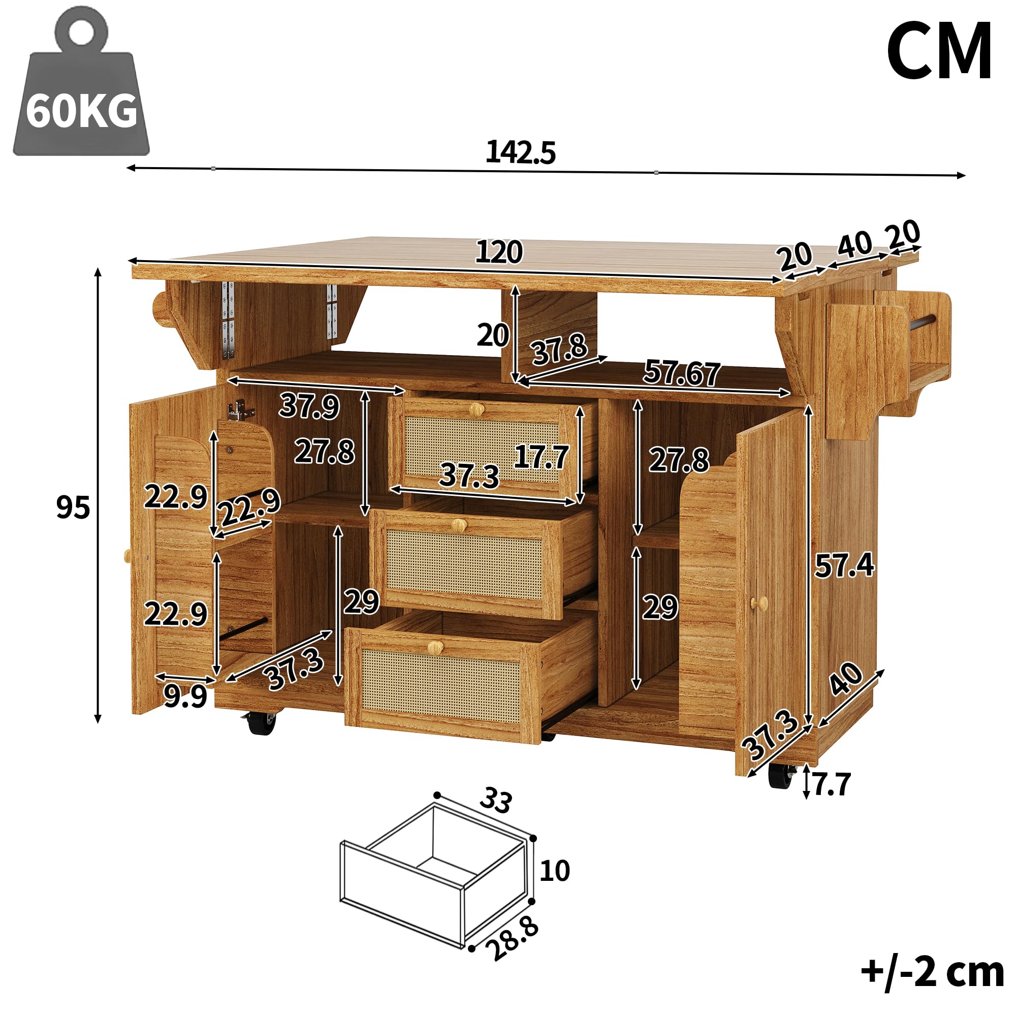 Desserte à roulettes Îlot de Cuisine 95 cm Extensible Multifonction, Plan Rabattable 3 Tiroirs, Gain de Place Cuisine Balcon Camping Appartement, Marron Foncé