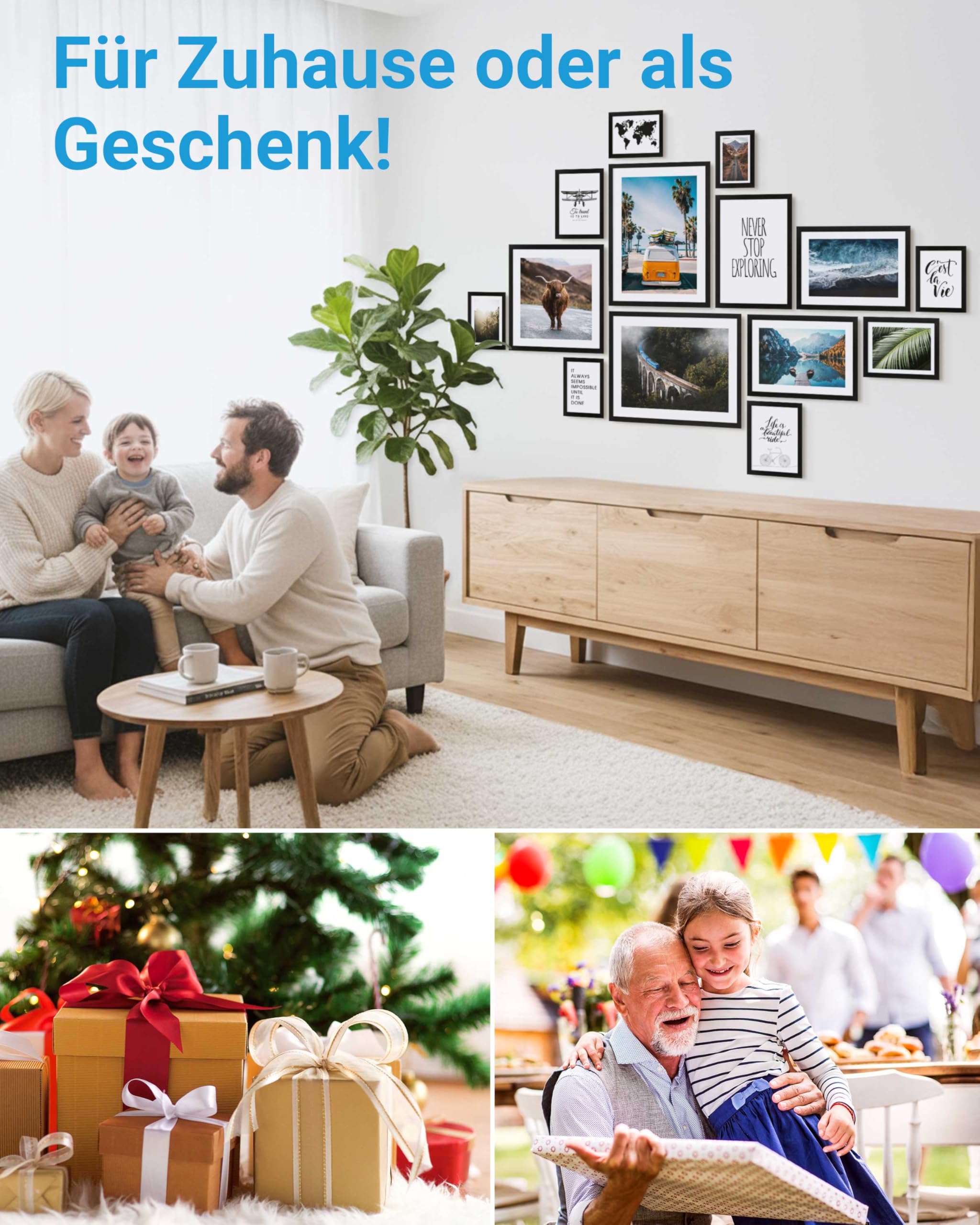 PHOTOLINI Bilderrahmen-Set verschiedene Größen schwarz, 14 Bilder