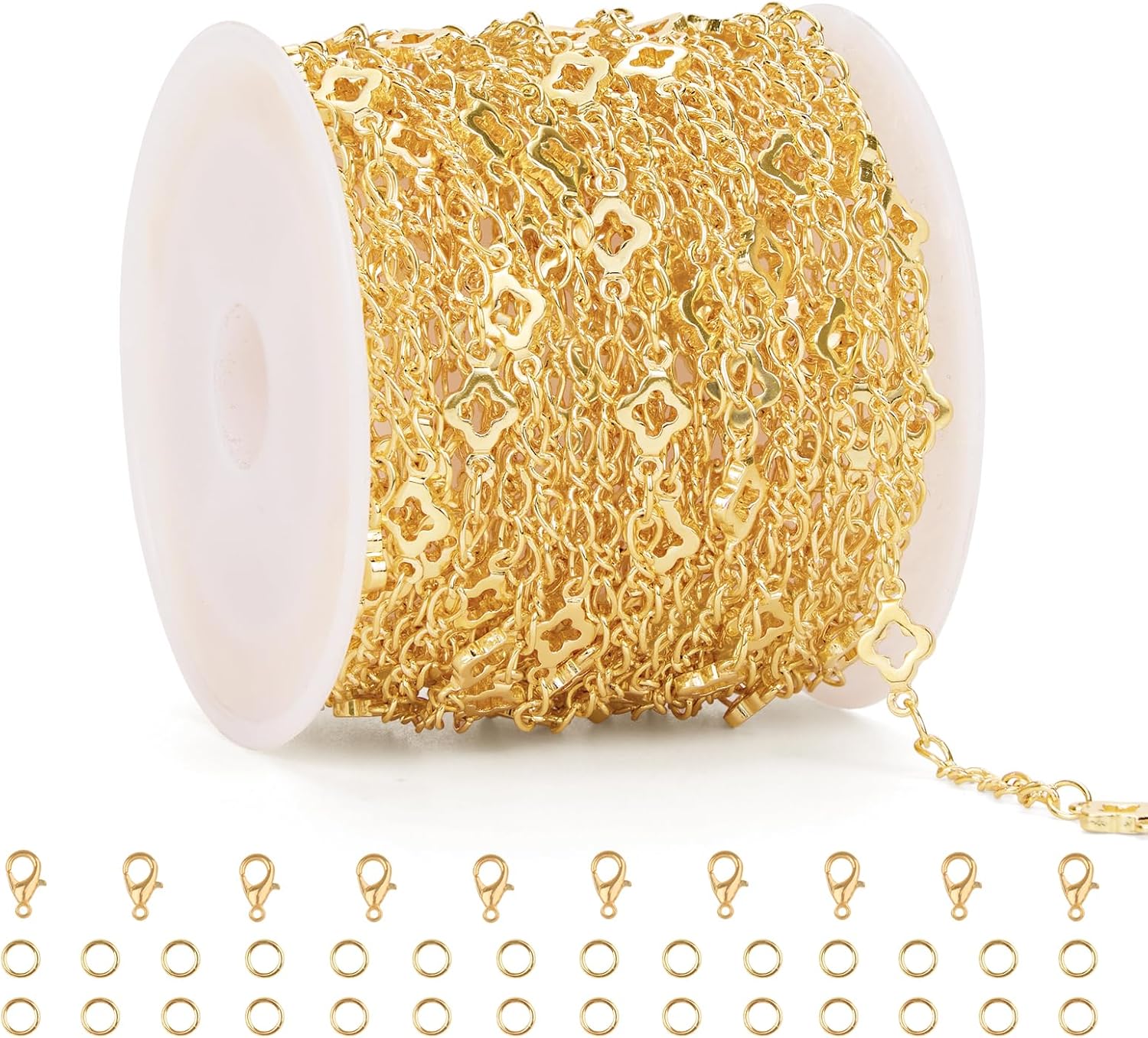 GTVOODX 16.4 Feet 18K Gold Plated Link Figaro Four Leaf Clover Chain Unfinished Brass Bulk Chains Roll Spool for Necklace Bracelet Permanent Jewelry Making