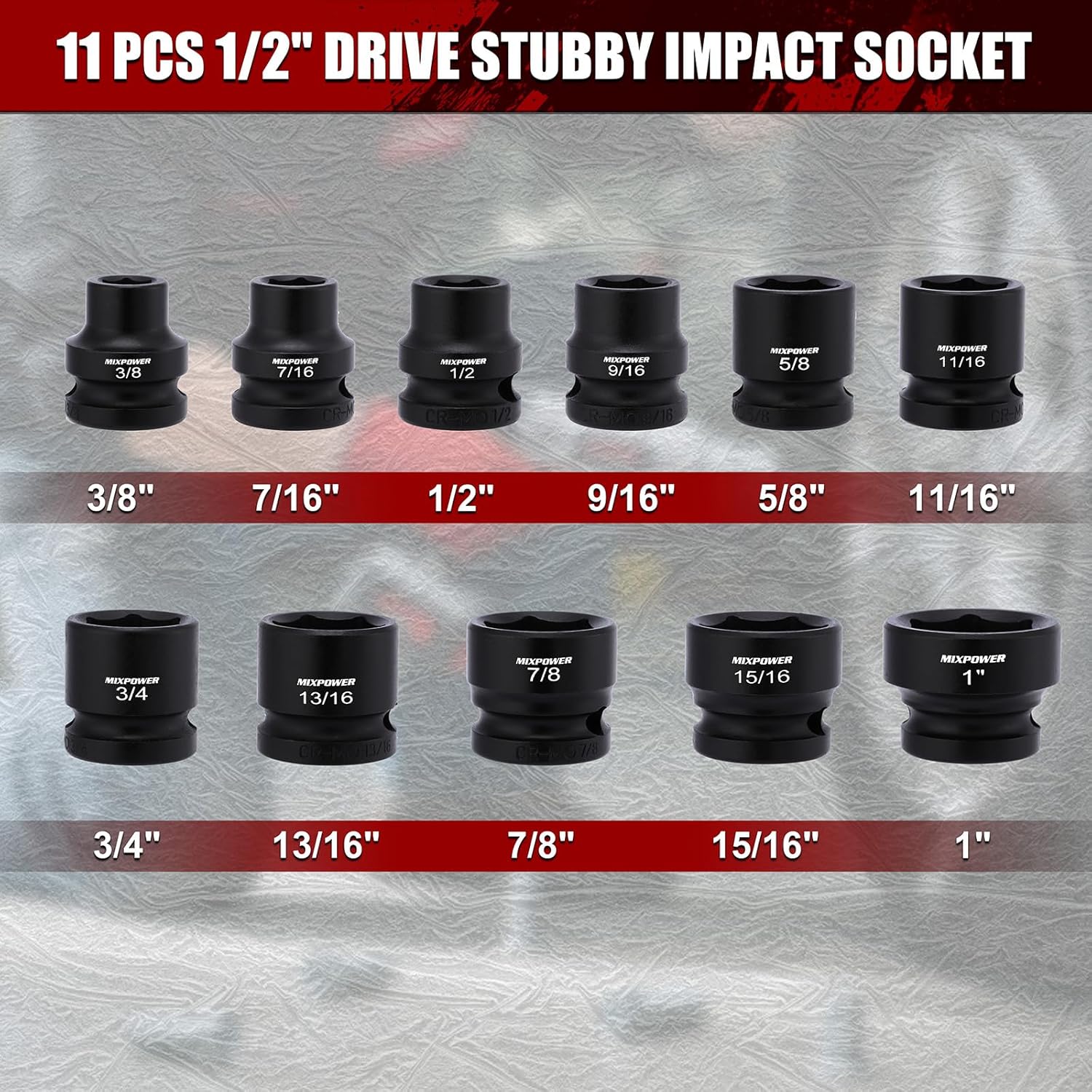 MIXPOWER 11-Piece 1/2" Drive Stubby Impact Socket,CR-MO,3/8"-1",6-Point,SAE,Radius Corner Design, Axle Nut Impact Grade Socket for Easy Removal