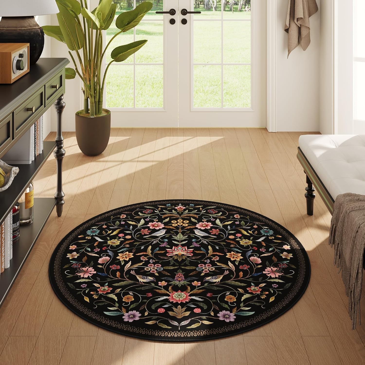Vintage Medallion Floral Round Rug 4ft, Washable Circle Area Rug, Non-Slip Soft Low Pile Circular Carpet for Bedroom, Living Room, Dining Room, Entryway, Office, Kids, Bathroom | Black