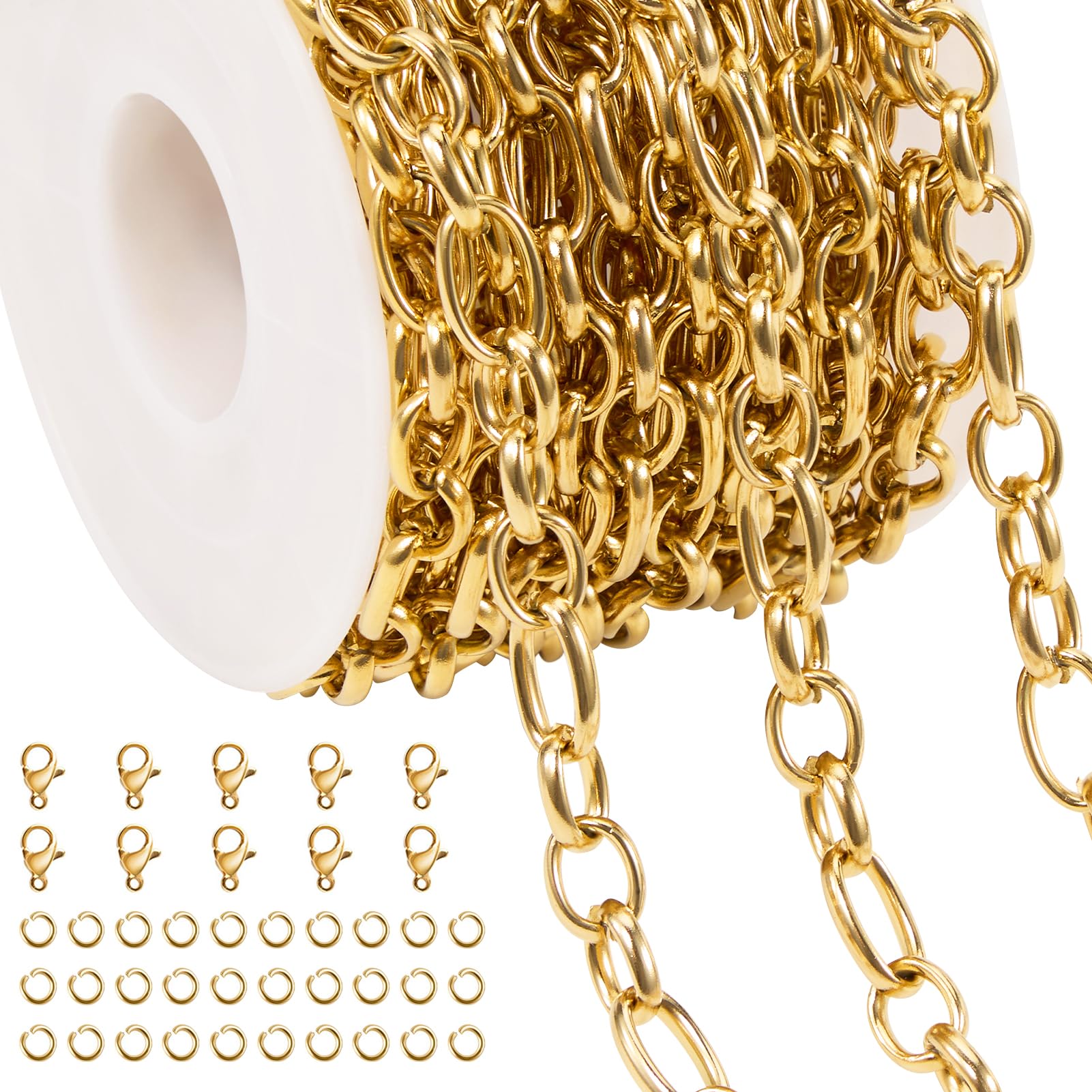 Jabogrii 16.4 Feet Gold Stainless Steel Chain Bulk Oval Link Chain for Jewelry Making DIY Jewelry with Lobster Clasps and Jump Rings