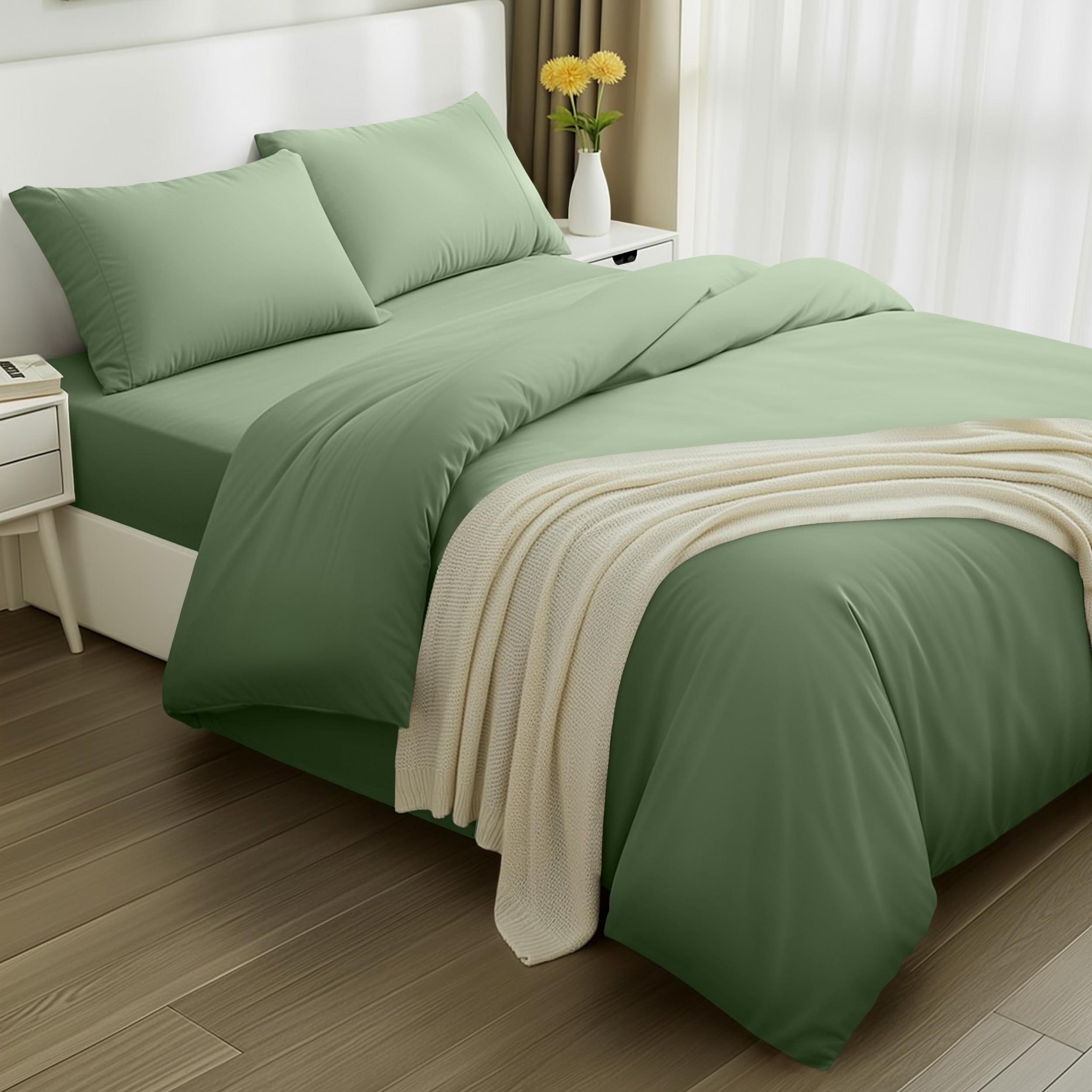 Utopia Bedding 3 Piece Double Bedding Set - Duvet Cover, Fitted Sheet with Pillow cases - Soft Brushed Microfiber (Sage) — image 1