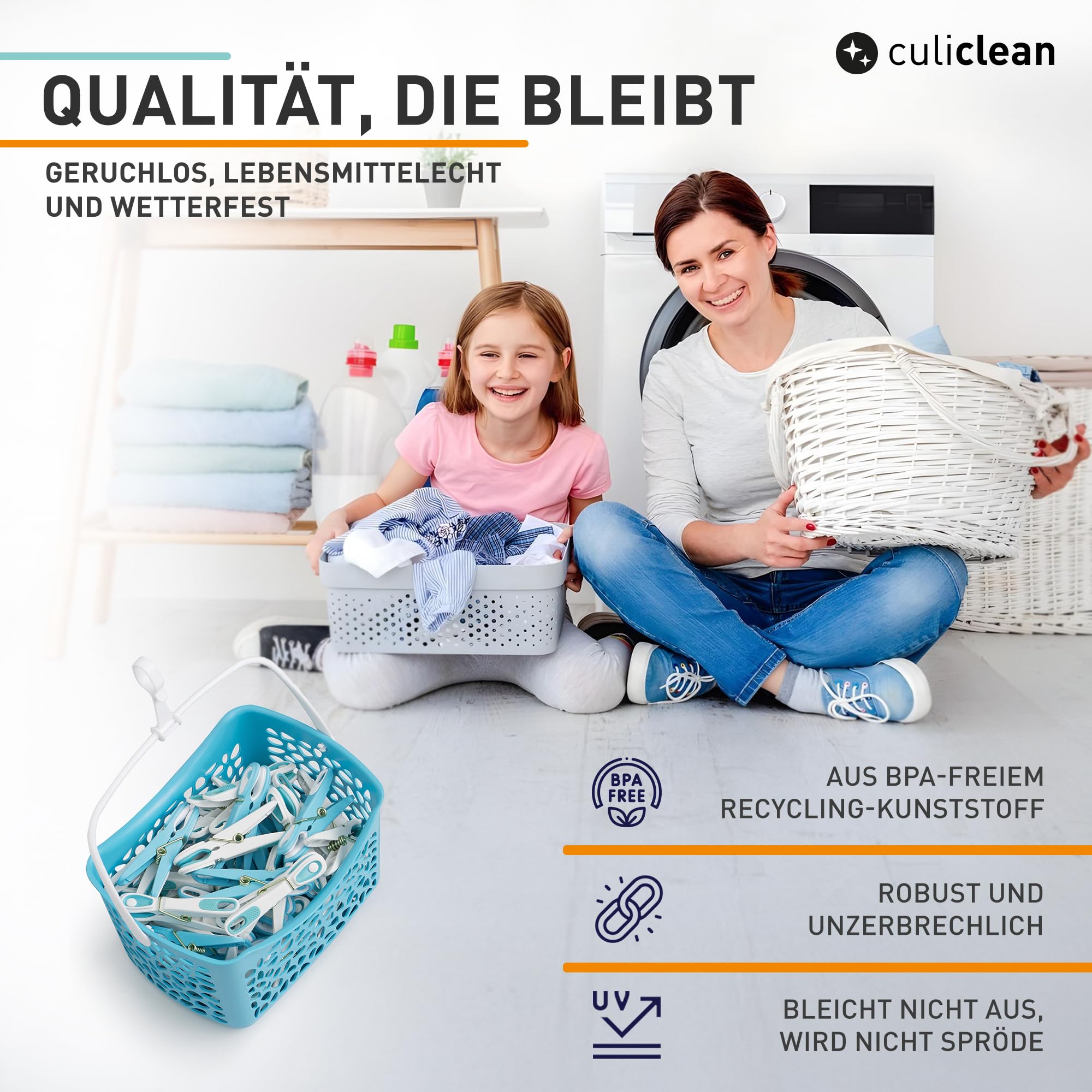 culiclean Wäscheklammern mit Korb, 48x + 1 Korb, eco blau-Weiss | Klammerkorb und Wäscheklammer Blume, stabile Kluppen mit Softgrip, 80 mm, windfest, UV-beständig, BPA-frei, Made in France