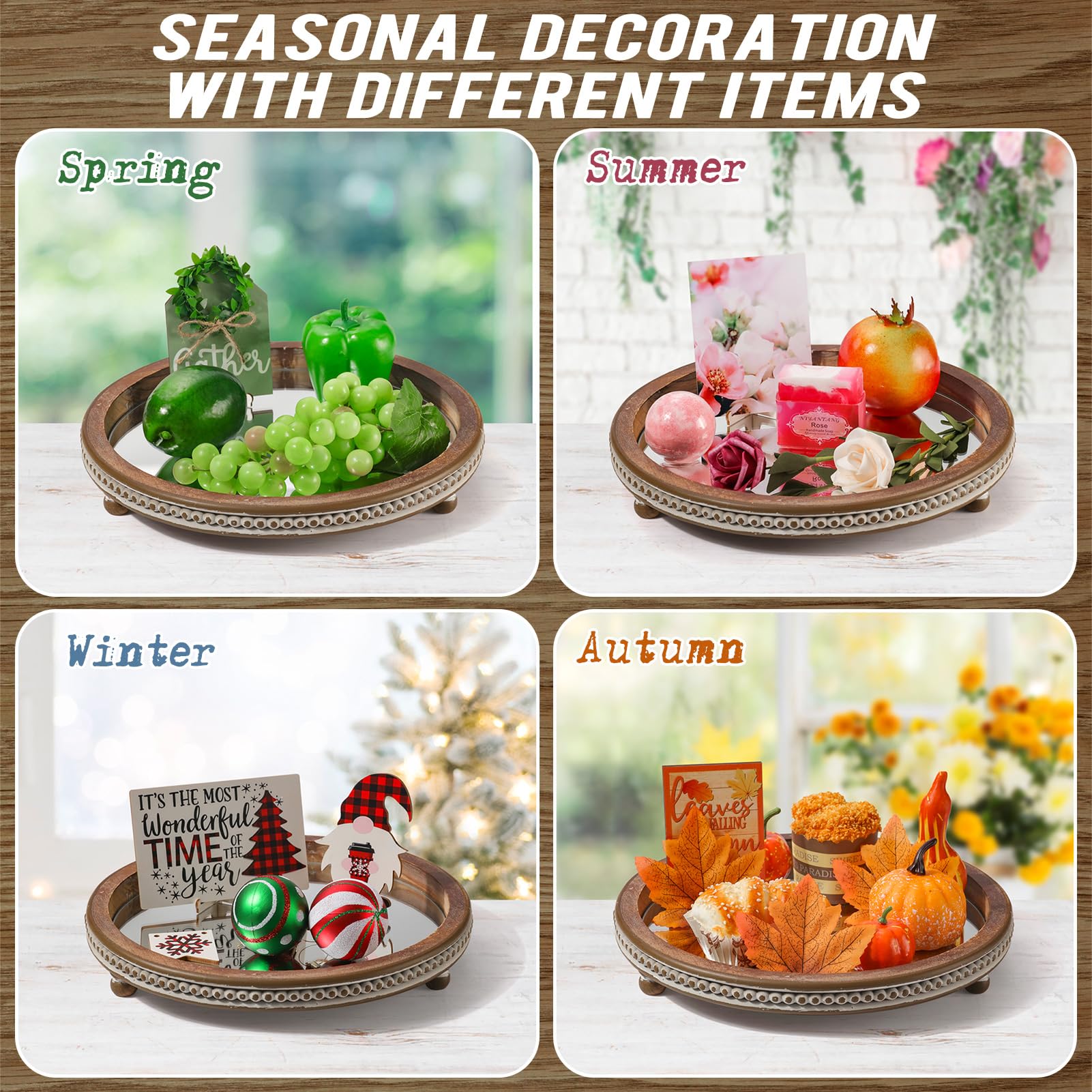 Bandeja de madera hecha a mano, bandeja de café con cuentas pequeñas, bandeja decorativa redonda de espejo para mesa de café, mesa de comedor, entrada y mesa de sala de estar, TR700 3