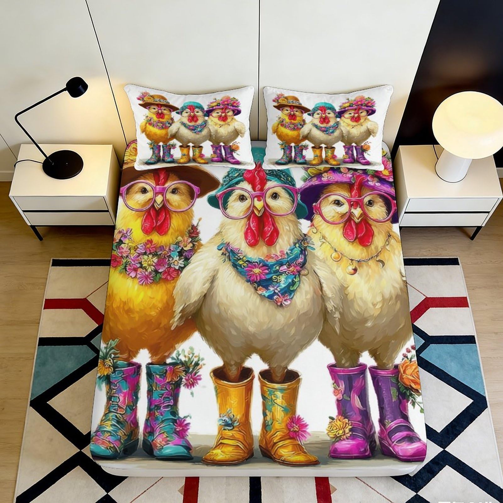 3D Printed Funny Chicken Fitted Sheet Microfiber Colourful Boots Farm Animals Bed Cover for Bedroom Dorm Mattress Decor 90x200x25cm