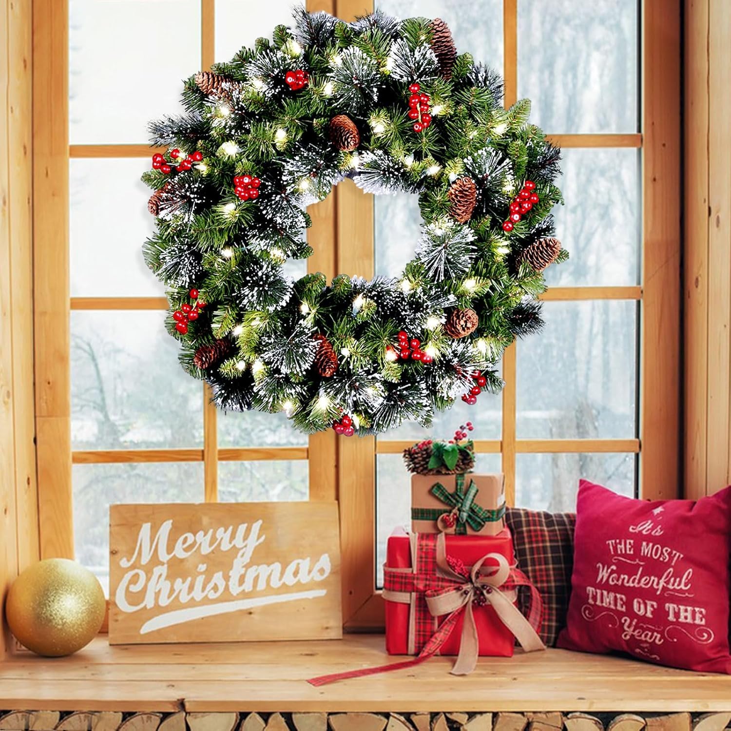 Couronne de Noël lumineuse d'extérieur de 40,6 cm avec 30 lumières LED pour porte d'entrée et fêtes de vacances