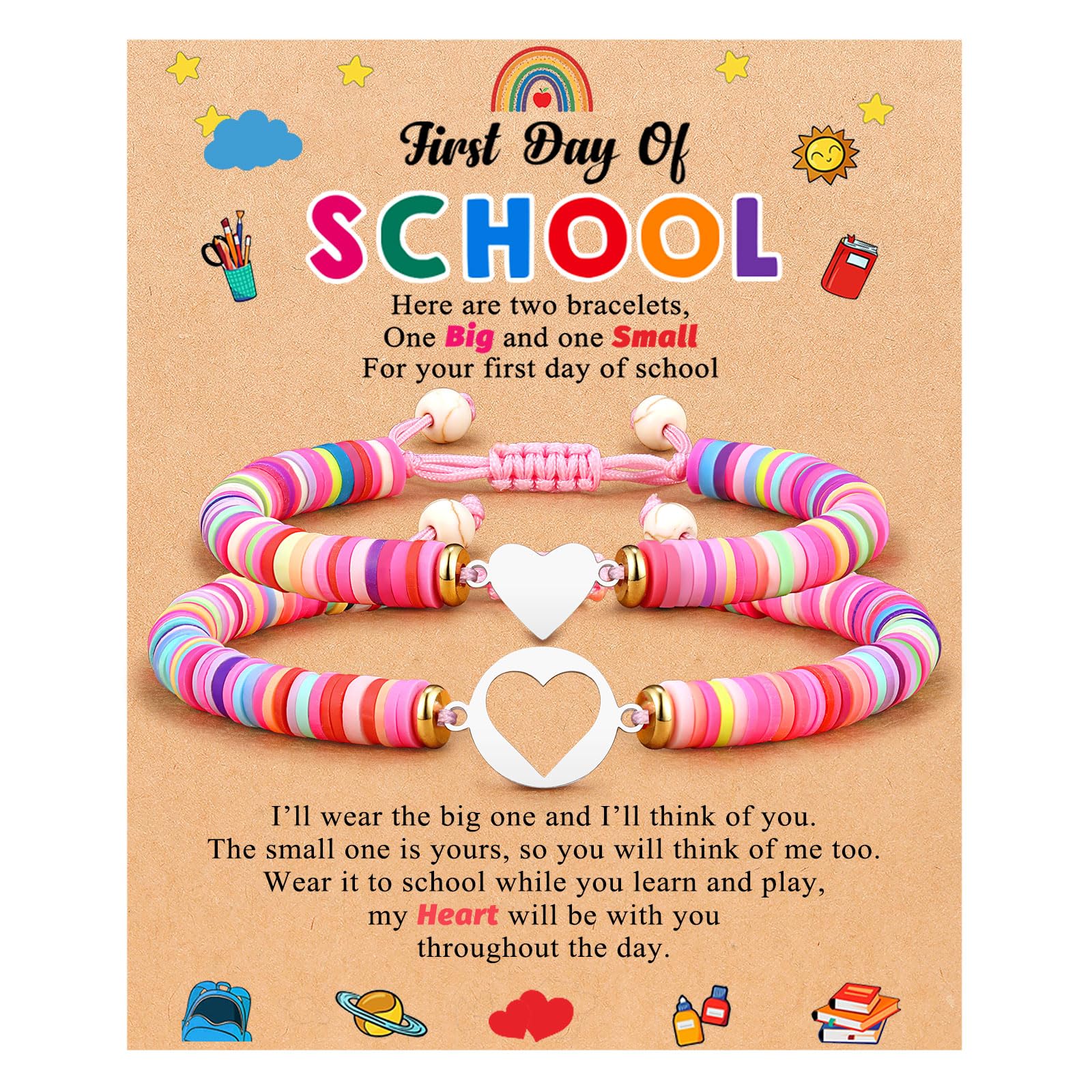 First Day of Kindergarten/Pre K/School Mother Daughter Bracelets Matching Heart Wish Bracelet Set for 2 Gifts