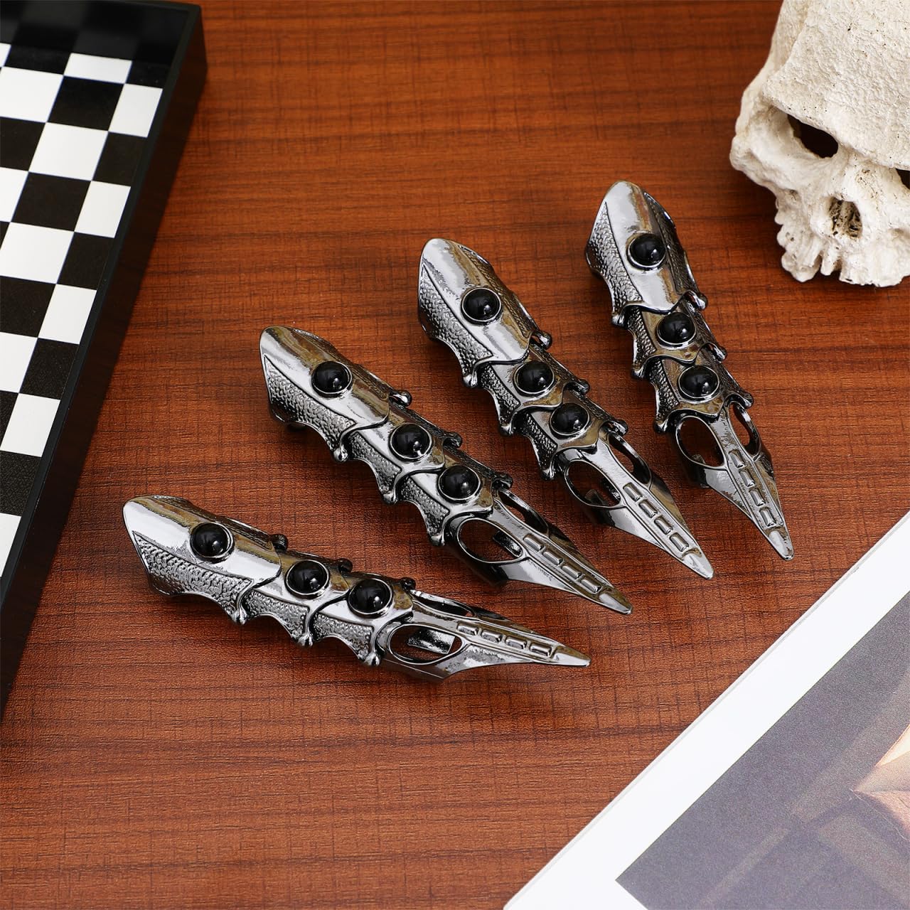 LALAFINA 4 Stück Knöchelgelenkring chelgelenk Vollfinger Halloween Gothic Vollfinger Ring Klappring Zinn Schmuck Halloween Cosplay Requisiten Schwarz