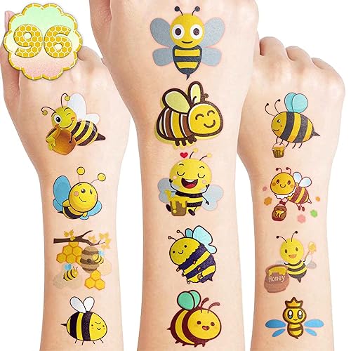 96 tatuajes temporales precortados de abeja para niños, bonitos recuerdos de fiesta y decoraciones, perfectos para fiestas de cumpleaños, premios