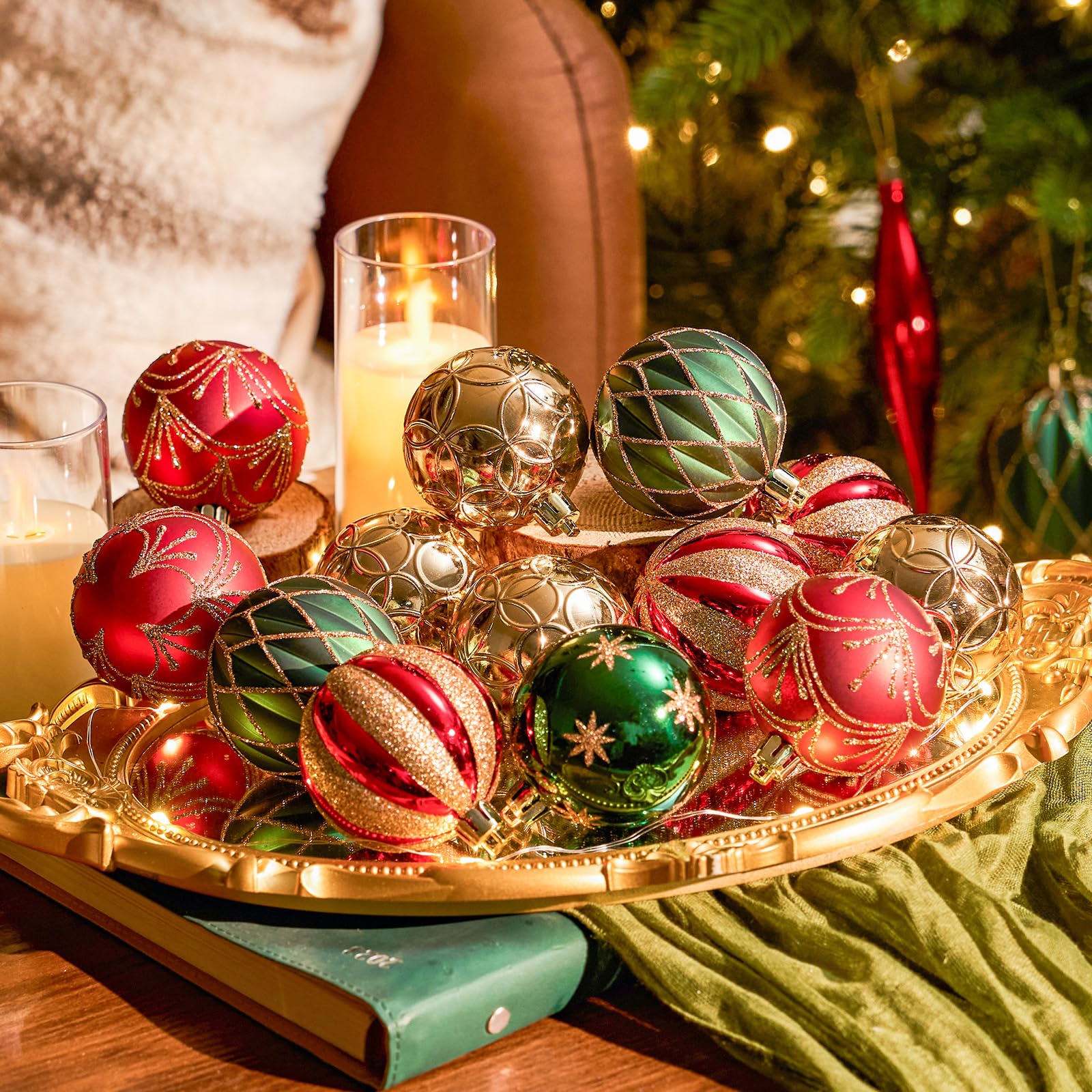 JORNOY Palline di Natale, decorazioni infrangibili per albero di Natale, 30 ct, set di lampadine da appendere con cordino, per decorazioni per feste in casa, 60 mm, rosso, verde e oro