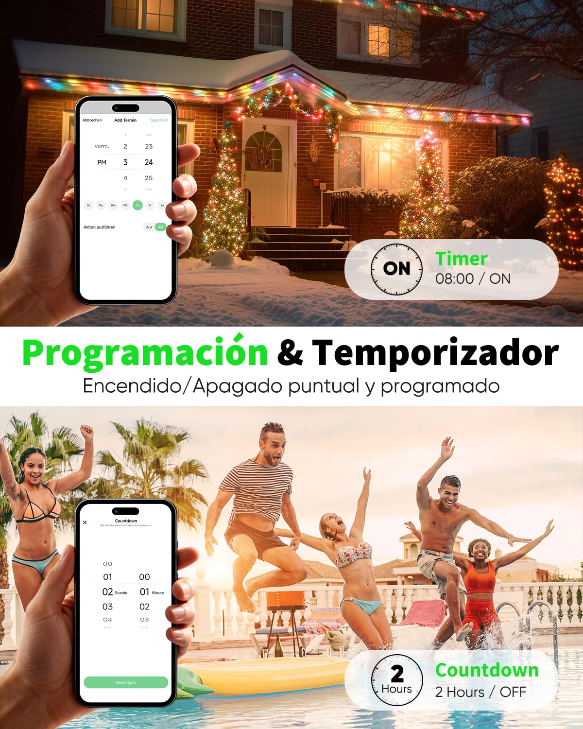 GreenSun Enchufe WiFi Exterior IP44 16A con Medidor y VeSync, 2 Uds | Control por app o voz, mide el consumo y programa horarios o temporizadores. Compatible con Alexa, VeSync y WiFi 2,4 GHz