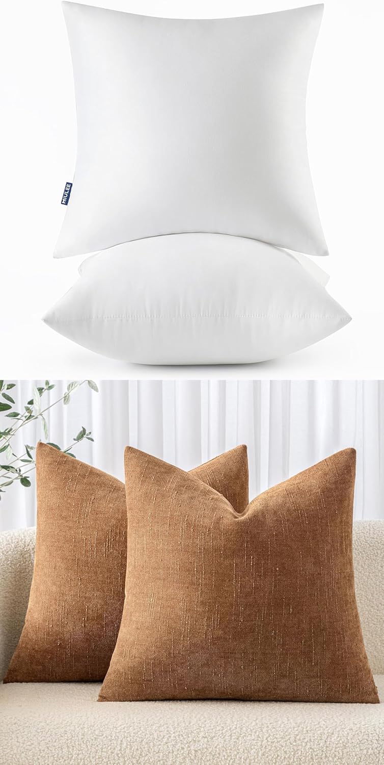 MIULEE 18x18 Inch Pack of 2 Throw Pillow Inserts 100% Virgin Fiber Filling Bundle Brown Chenille Throw Pillow Covers Decorative for Livingroom Bedroom Sofa Couch Bed