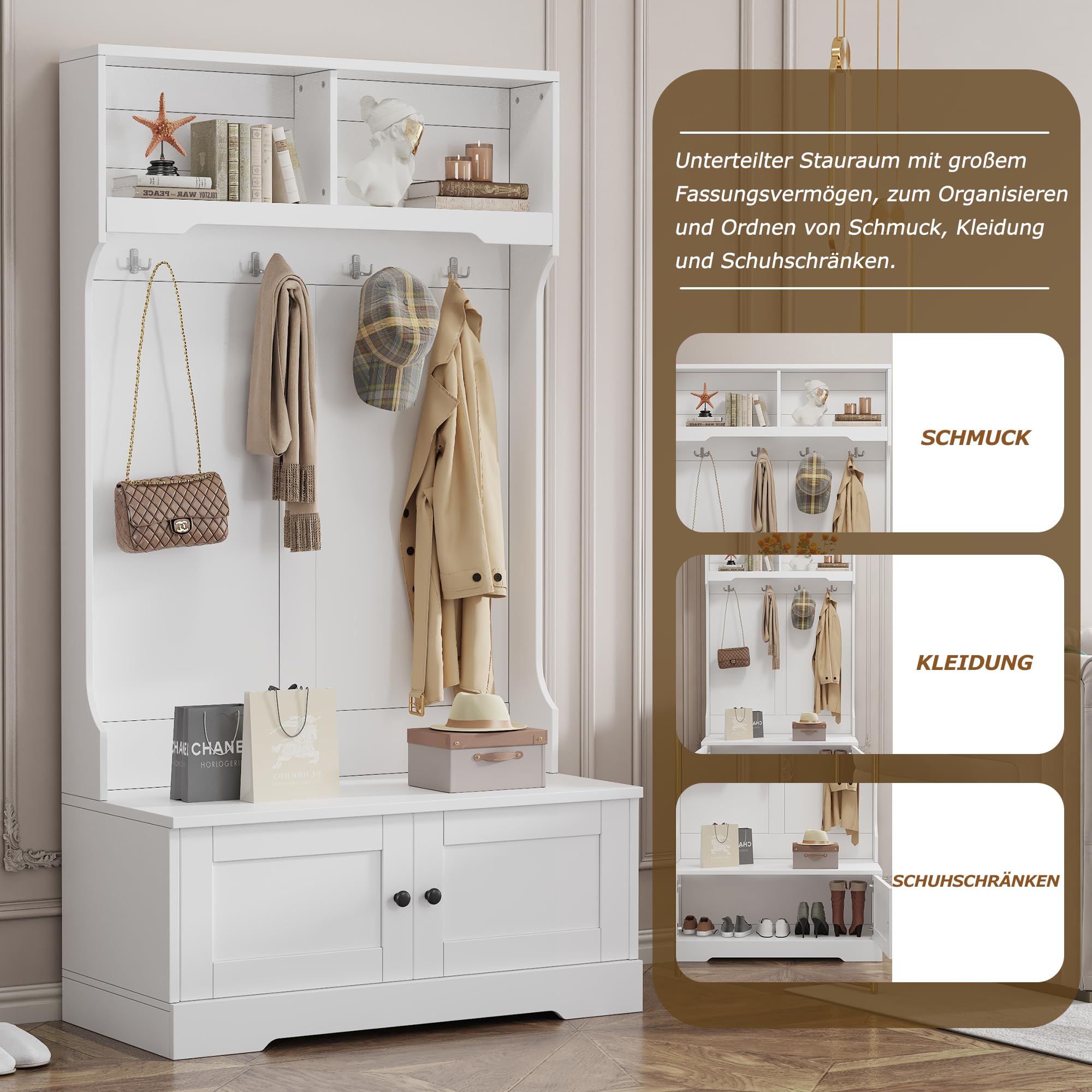 Merax Flurgarderobe, Garderobenschrank Flur, Garderobe mit Sitzbank, Weißer Eingangsschrank mit Stauraum an der Unterseite des Sitzes, 101 x 183 x 47 cm (B/H/T), Weiß