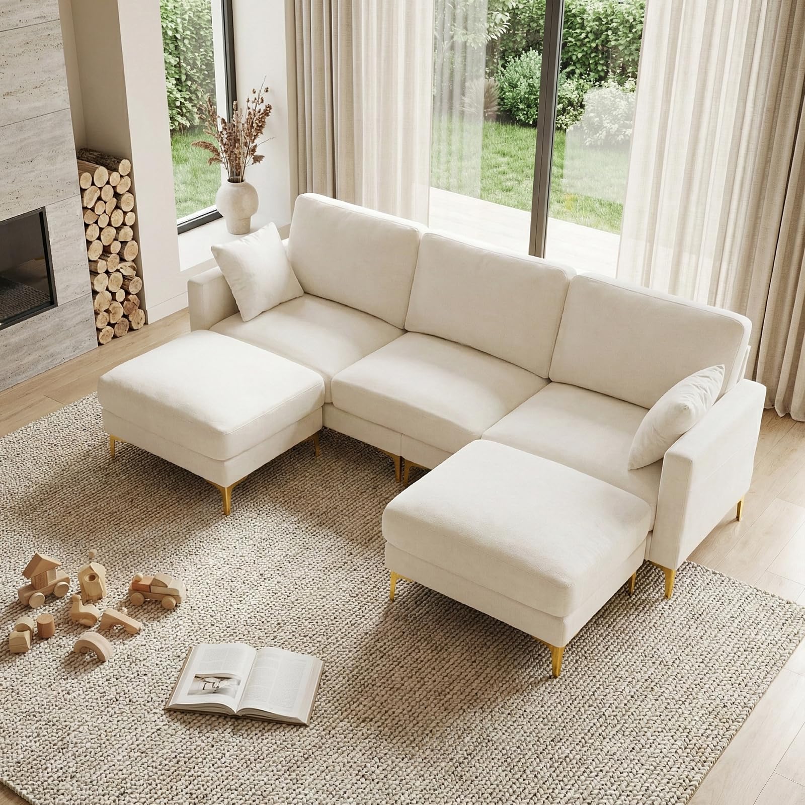 VINGLI 100' W U Shaped Couch with Ottoman, 22' Deep Seat, Beige