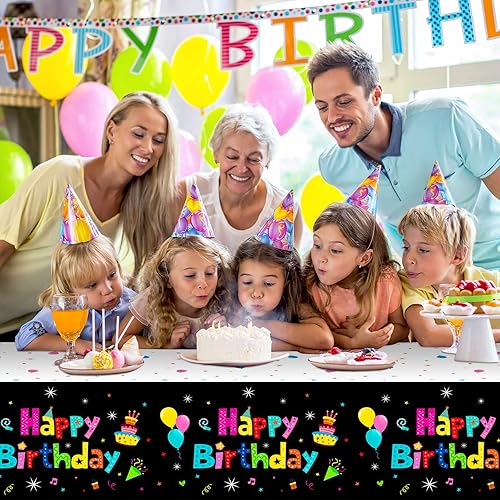 Miniatura 5 de Tegeme Mantel de 3 piezas de feliz cumpleaños, colorido arco iris, funda de plástico desechable negro para mesa de feliz cumpleaños para fiestas,