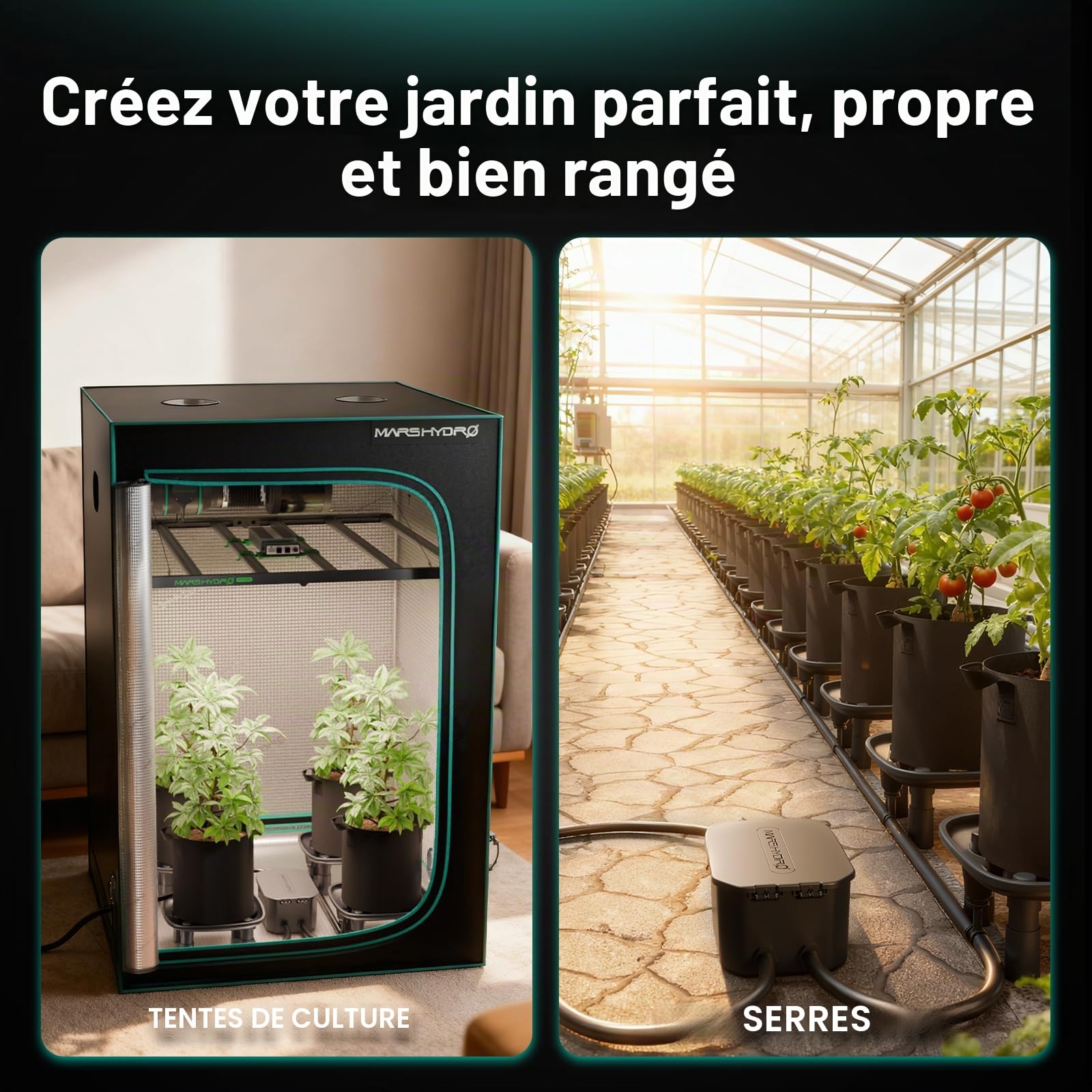 MARS HYDRO Système de drainage automatique - 4 bols + 1 pompe + 4 sacs de plantation (18,9 l) - Pour plantes en pot