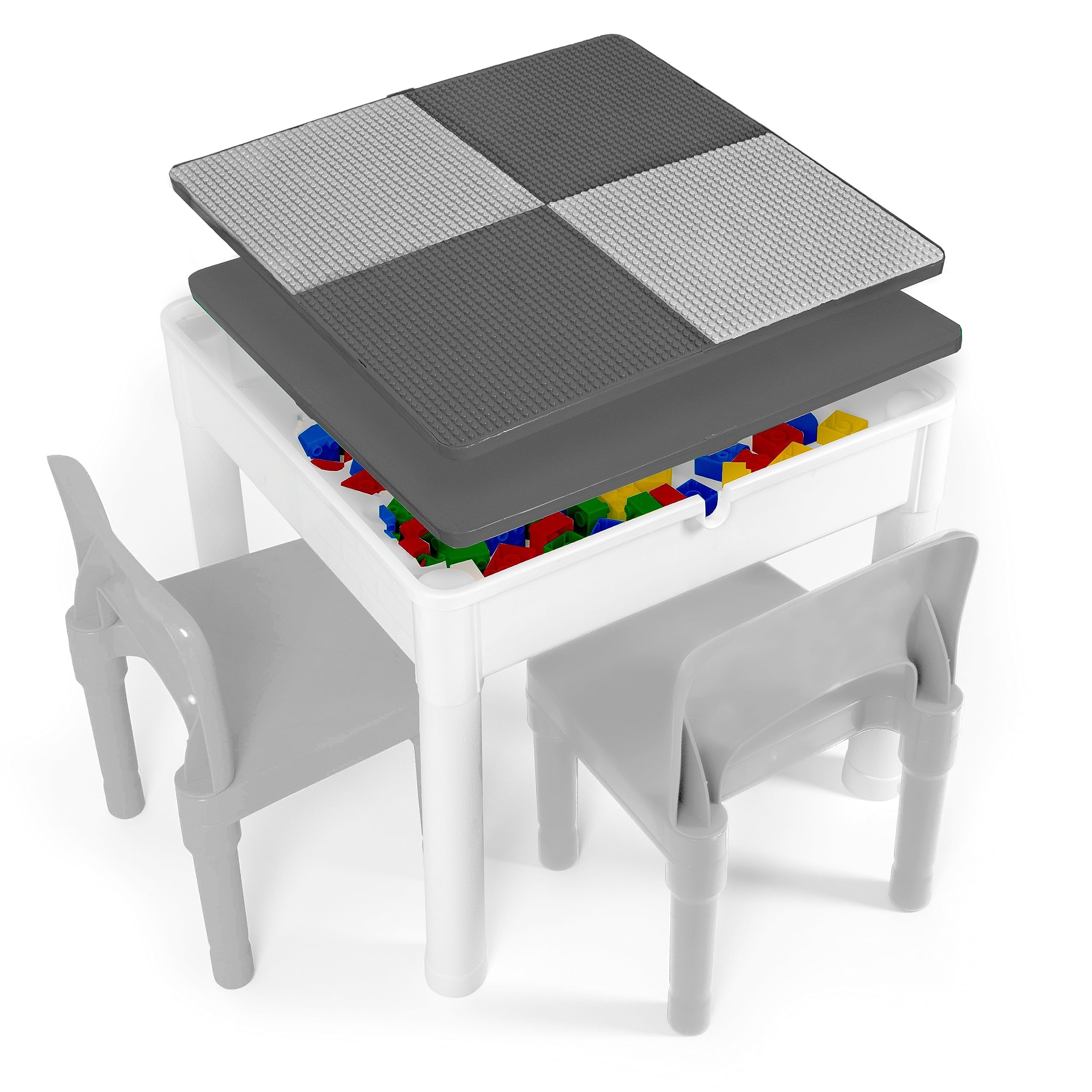 Play Platoon 5 in 1 Kids Activity Table and Chair Set - Stem Table for Toddlers with Building Block, Craft & Sensory Tables for Toddlers with 2 Chairs & 25 XL Blocks - Neutral Gray
