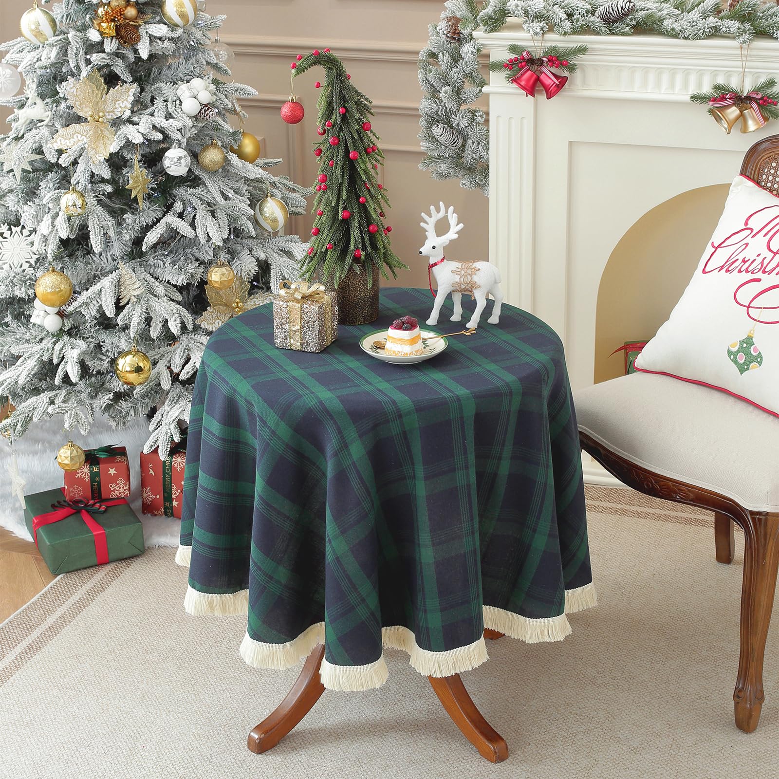 ZIQINPSQ Gingham Round Tablecloth Dining Cover Blue & Green 140cm