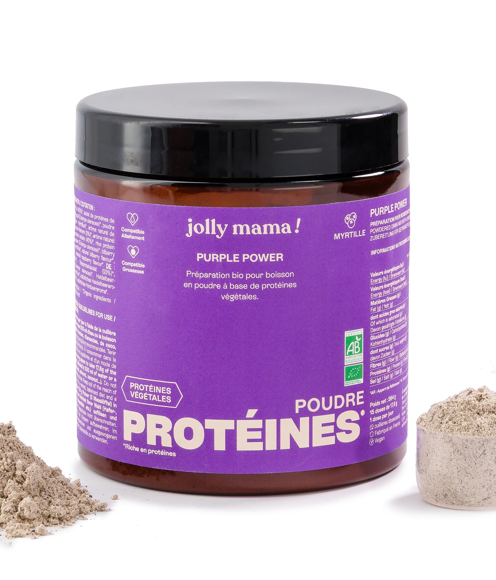 Jolly mama! Purple Power | Poudre de Protéines Végétales Bio | Açaï et Myrtille | Compatible Grossesse & Allaitement | 100% d'Origine Bio | Fabriqué en France | Pot 264g